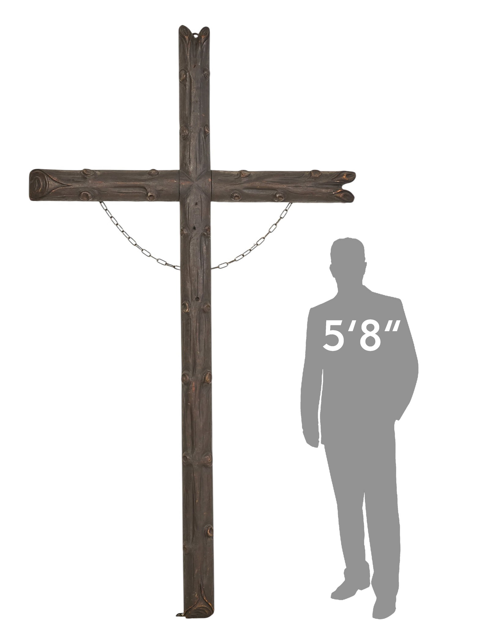 9 Ft. Tall Carved Cross: Large carved wooden cross with textured form, and metal hardware for hanging height 108 in. x width 60 in. x depth 2.5 in. Provenance: Property from a home in Houston, Texas
