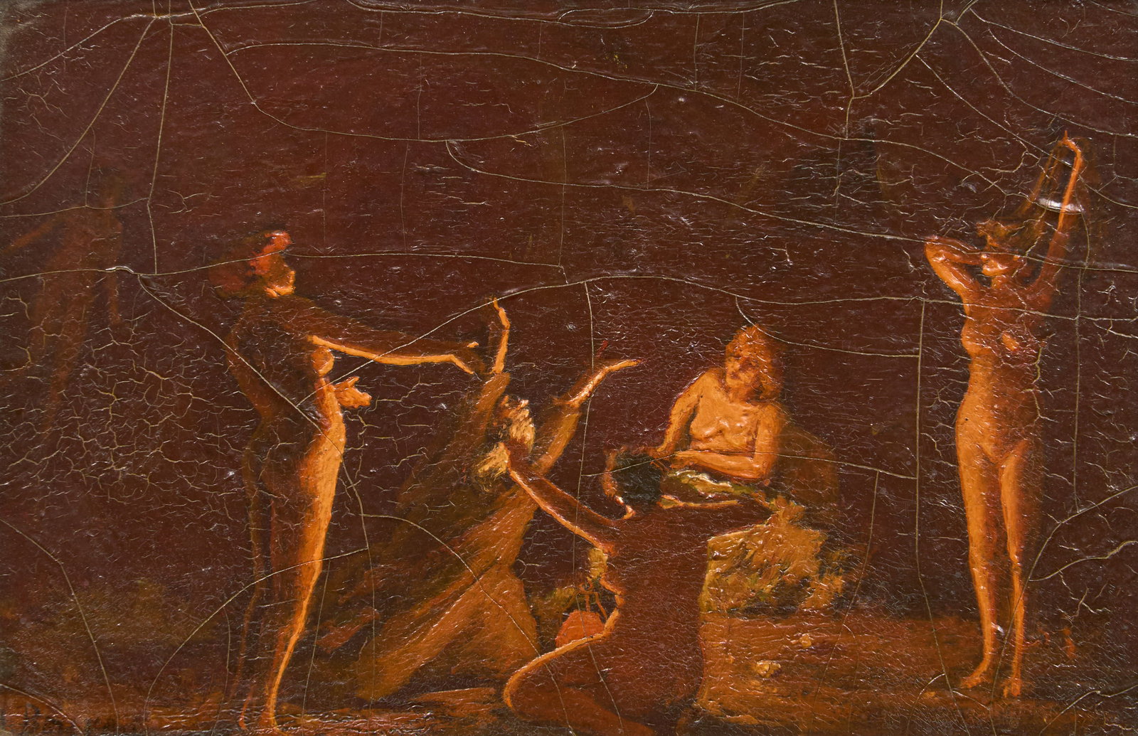 Temptation of St. Anthony, Antique Painting: St. Anthony in the throes of temptation, surrounded by nude women around a campfire, oil on panel, appears not signed, circa 19th or early 20th century, with two inscriptions on the verso, one in penc