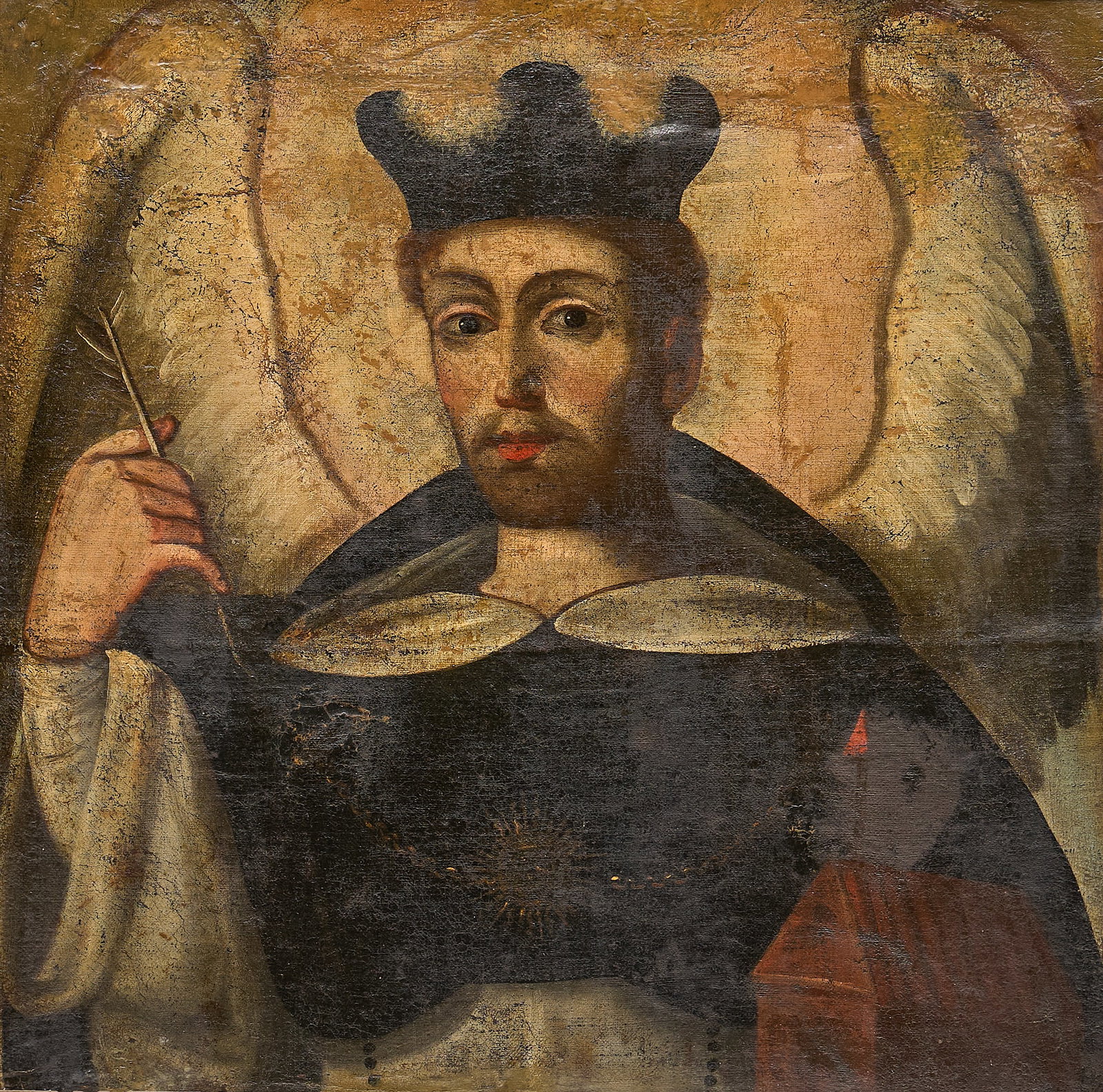 Early Church Painting, St. Thomas Aquinas: Early Spanish Colonial church painting in decorative hand-carved frame, oil on canvas (relined) sight: 19 x 19 in., frame: 22.5 x 22.5 in. Provenance: The Estate collection of late teacher and hu