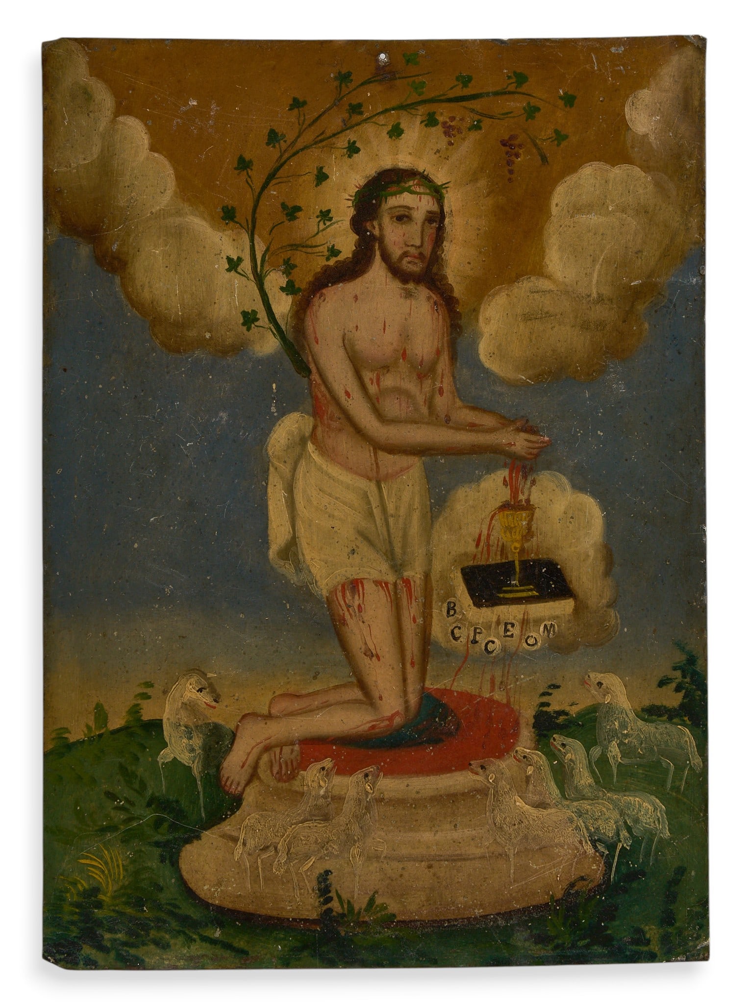 Antique Mexican Retablo, La Preciosa Sangre de Cristo: Antique Mexican retablo depicting La Preciosa Sangre de Cristo (The Precious Blood of Christ), oil on tin, circa 19th century height 14 in. x width 10 in. Provenance: The Estate colle