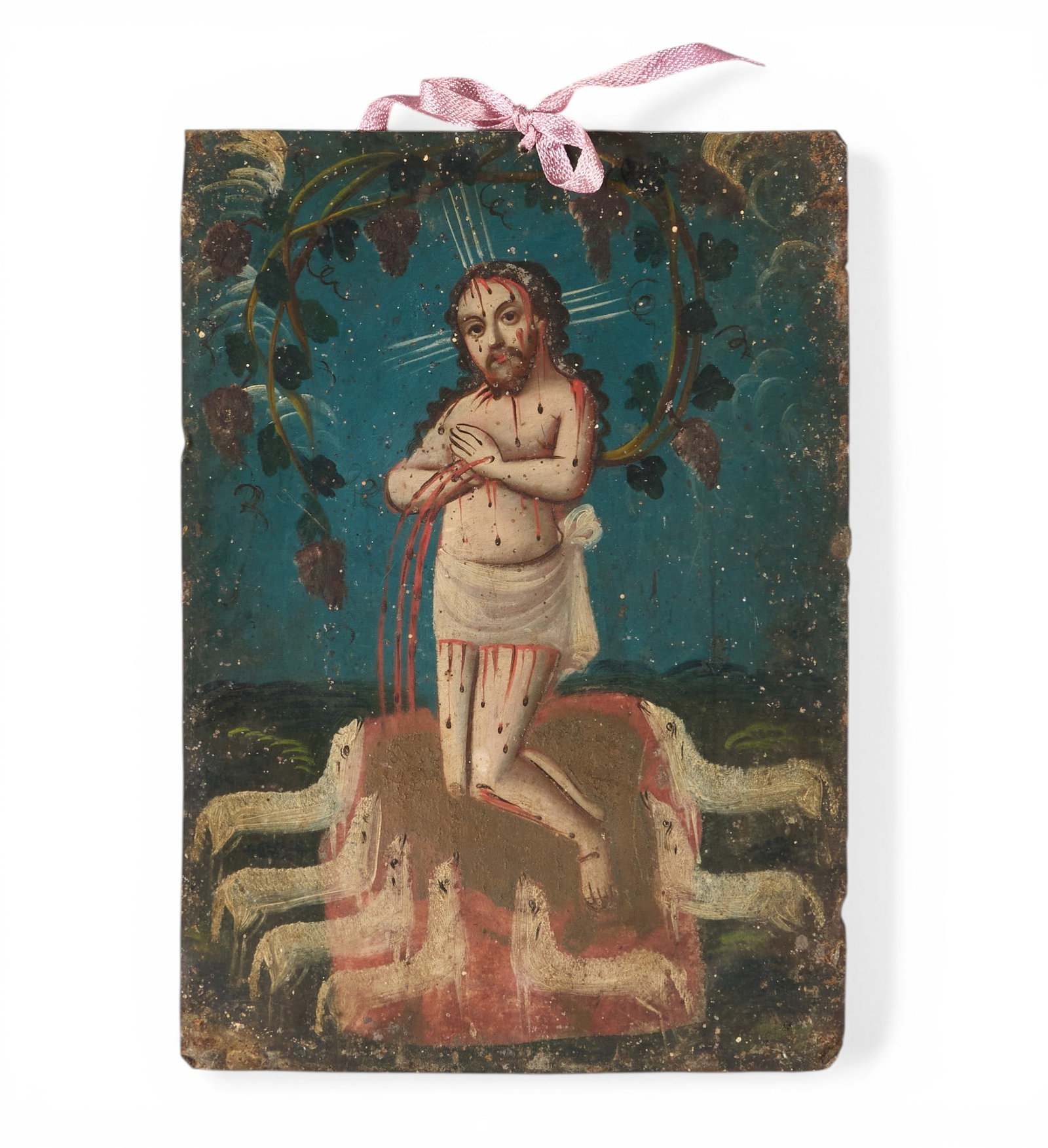 Antique Mexican Retablo, La Preciosa Sangre de Cristo: Antique Mexican retablo depicting La Preciosa Sangre de Cristo (The Precious Blood of Christ), oil on tin, circa 19th century height 10 in. x width 7 in. Provenance: The Estate collec