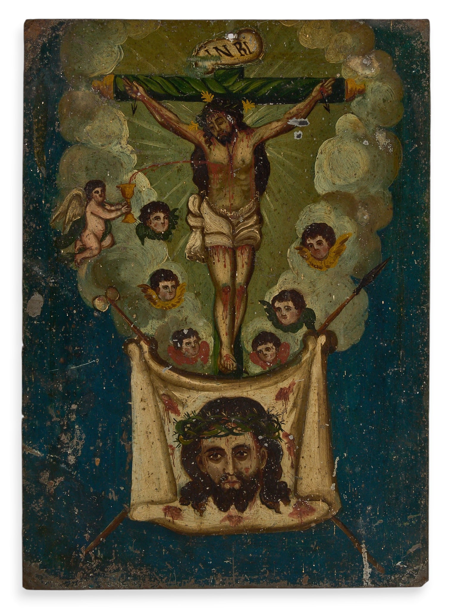 Antique Mexican Retablo, La Crucifixion: Antique Mexican retablo depicting the Crucifiction, oil on tin, circa 19th century height 14 in. x width 10 in. Provenance: The Estate collection of late teacher and humanitarian Douglas Rhodenb