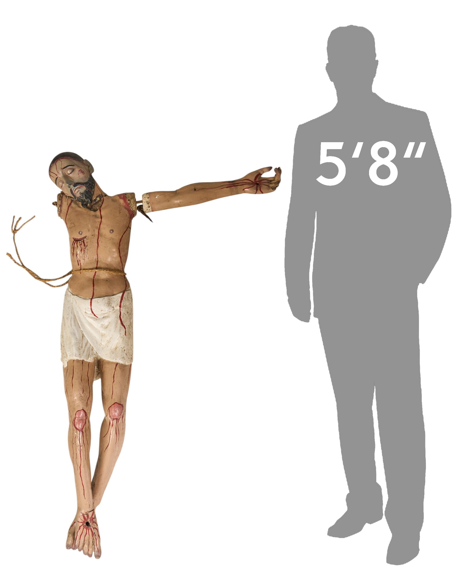 4ft. Tall Christ Santo: Four-foot-tall vintage Christ santo, hand-carved and painted, with iron hardware height 50 in. x width 8 in. x depth 29 in. Provenance: The Estate collection of late teacher and humani