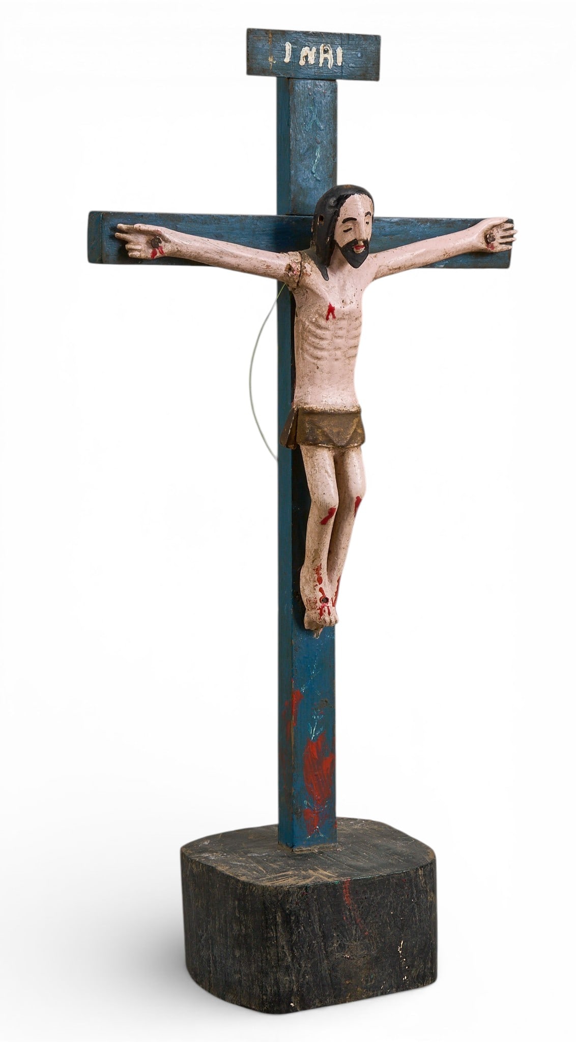INRI Crucifix Folk Art: Vintage hand-made and painted Mexican folk art sculpture depicting the Crucifixion, with Titulus Crucis (title of the cross) "INRI" hand-written above Christ, an abbreviation for t