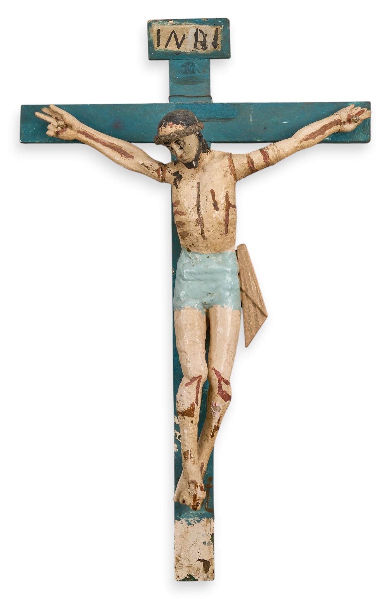 INRI Crucifix Folk Art: Vintage hand-made and painted Mexican folk art sculpture depicting the Crucifixion, with Titulus Crucis (title of the cross) "INRI" hand-written above Christ, an abbreviation for t