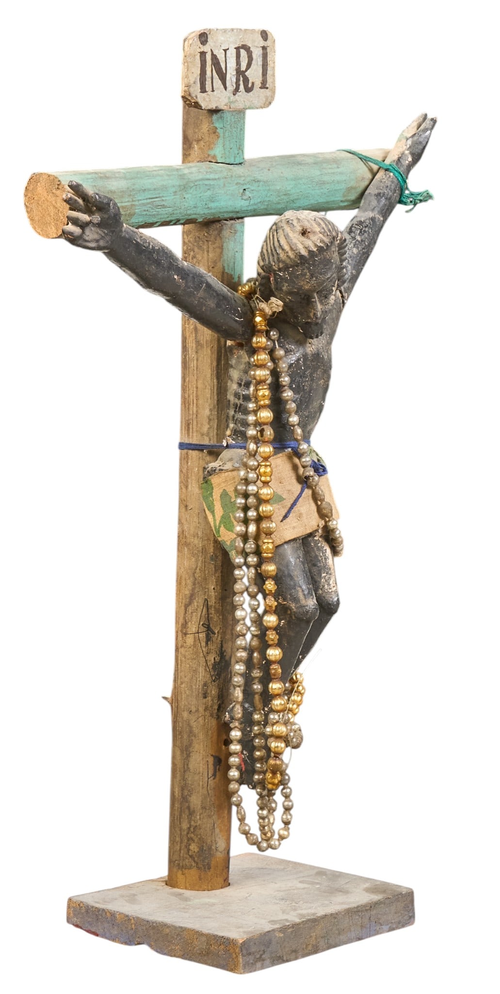 Antique Spanish Colonial Style Cristo Negro: Antique Spanish Colonial style Cristo Negro (Black Christ) figure, hand-carved with polychrome paint, and devotional beaded necklaces, circa late 19th to early 20th century height 23 in. x width 16 in