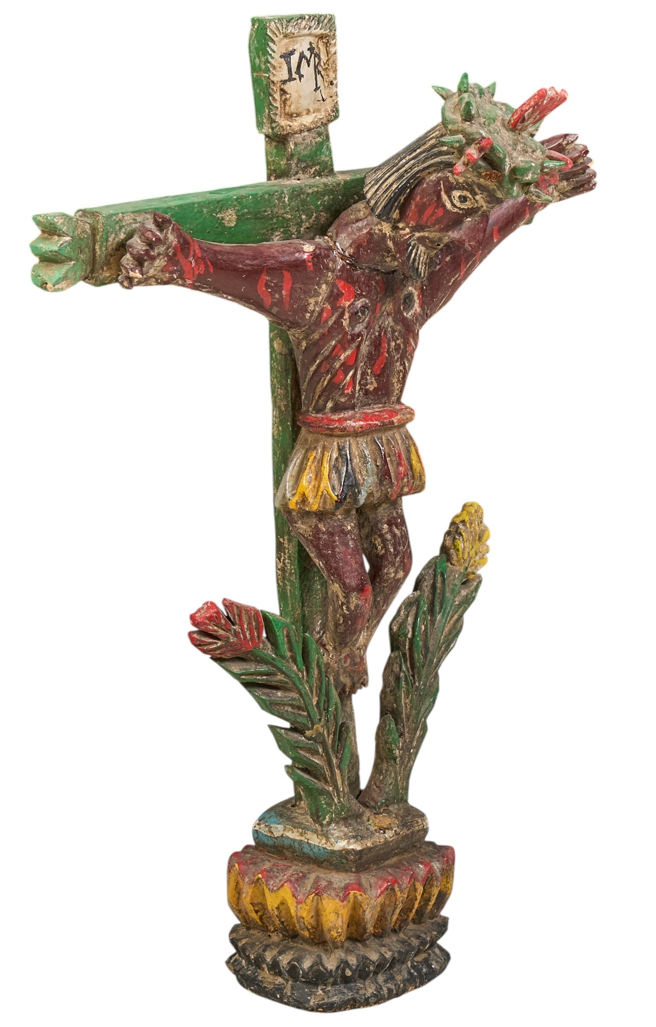Vintage Mexican Crucifix: Vintage Mexican polychrome wooden cross, hand-carved and painted, circa late 19th to early 20th century height 27 in. x width 19 in. x depth 8 in. Provenance: The Estate collection of late teach