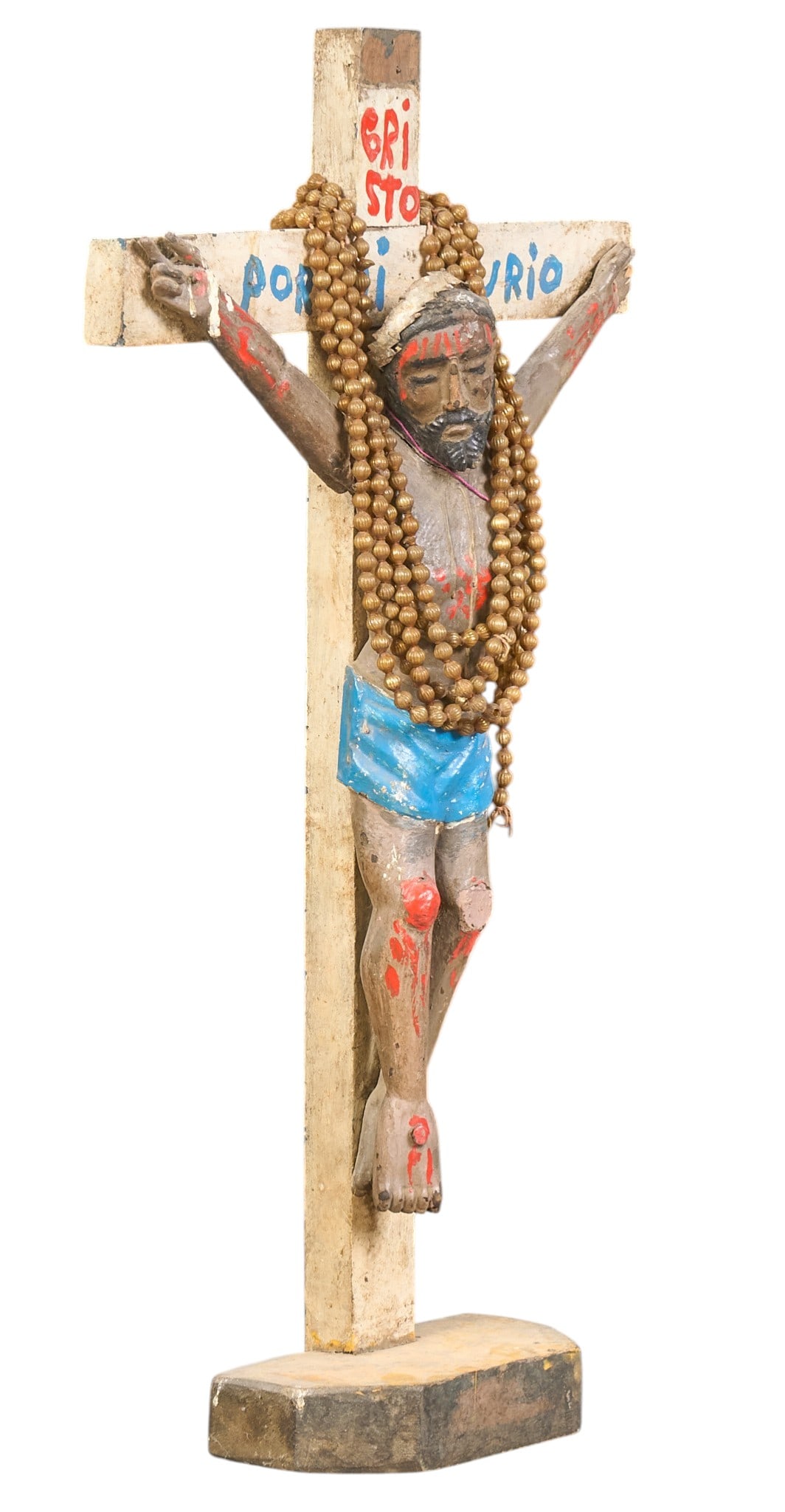 Vintage Crucifix: Vintage hand-carved and paitned crucifix folk art sculpture, with beaded necklace, circa early 20th century height 29 in. x width 16 in. x depth 4.5 in. Provenance: The Estate collection o