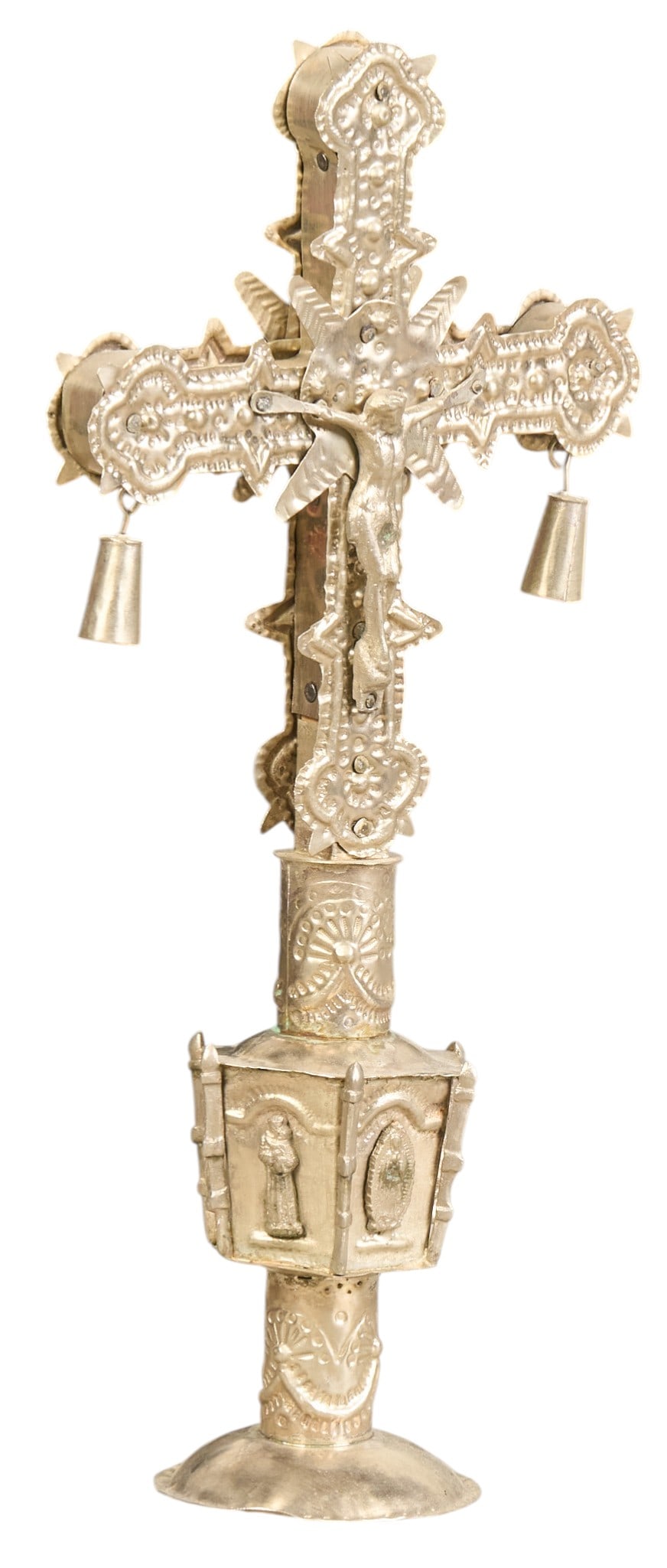 Vintage Metal Crucifix: Vintage free-standing metal crucifix with bell, and impressed details, circa early to mid 20th century height 13 in. x width 6 in. x depth 3 in. Provenance: The Estate collection of late t