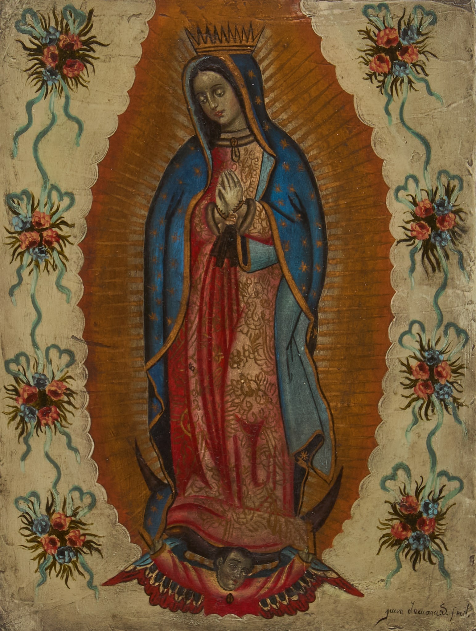 19th C. Virgen de Guadalupe: Mexican Spanish Colonial retablo depicting the Virgen de Guadalupe, oil on copper, circa early 19th century, signed at lower right, framed under museum glass sight: 11 x 8 in., frame: 17.5 x 15 in. Pr