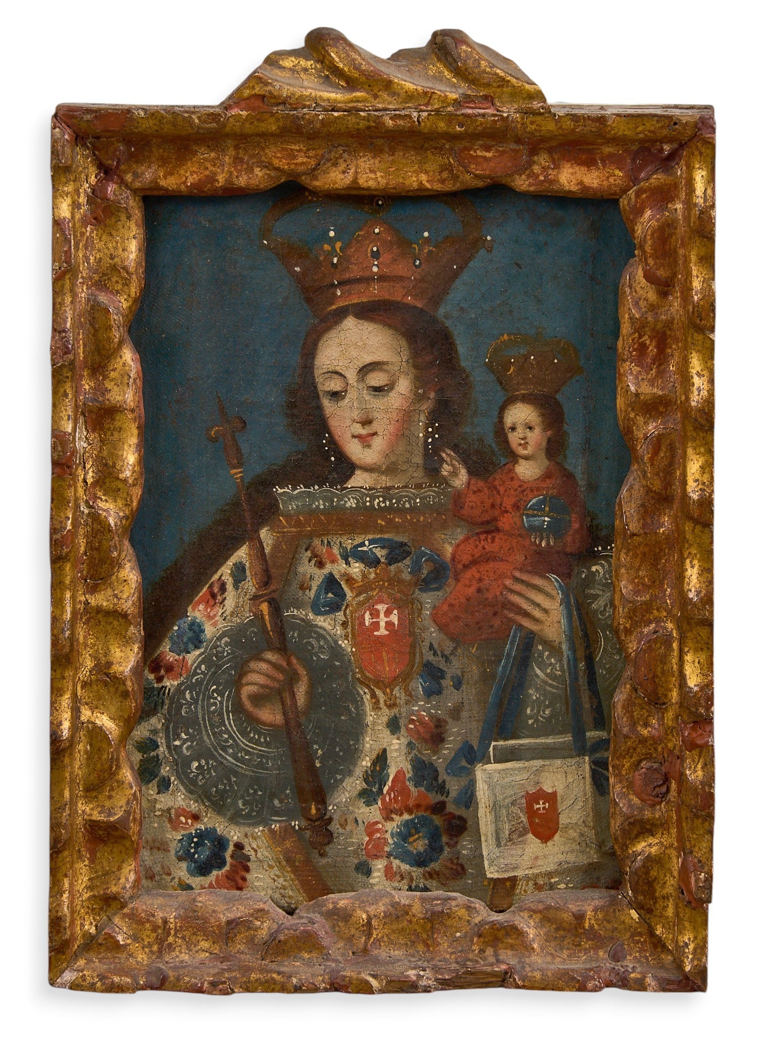 Cuzco School, Madonna and Child: Cuzco School (Peru), circa 19th century religious painting depicting Madonna and child, oil on canvas board, housed in gilded frame height 10.5 in. x width 7.5 in. x depth 1.5 in. Provenance
