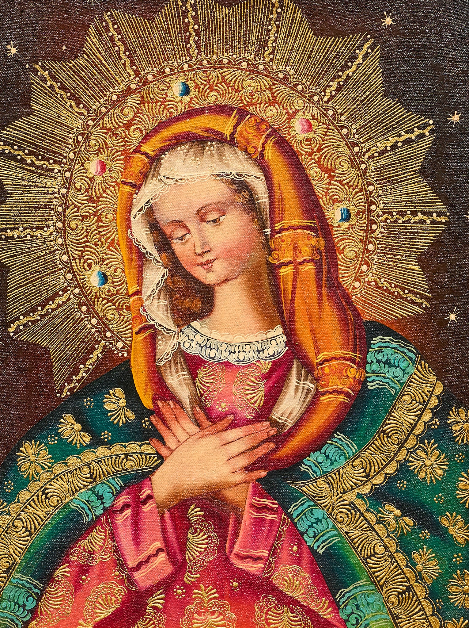 Cuzco School, Virgin Mary: Cuzco School (Peru), early Spanish Colonial painting depicting the Virgin Mary in prayerful pose, oil on canvas sight: 15 x 11 in., frame: 17 x 13 in. Provenance: Property from a home in Fair Oaks Ran