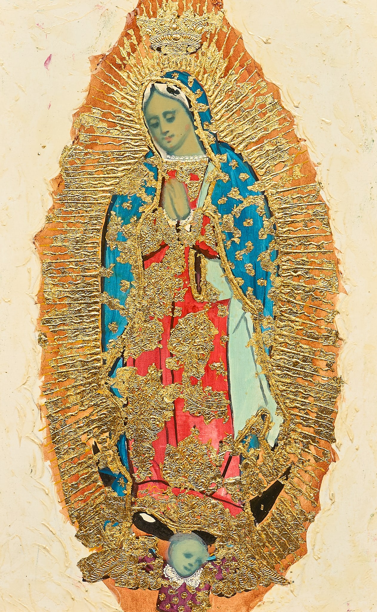 Artemio Carrasco, Virgen de Guadalupe: Artemio Coanqui Carrasco (Peru, 20th-21st C.), Virgen de Guadalupe, mixed media on canvas, not signed sight: 27 x 17 in., frame: 31.5 x 21.5 in. Provenance: The Estate collection of late teacher