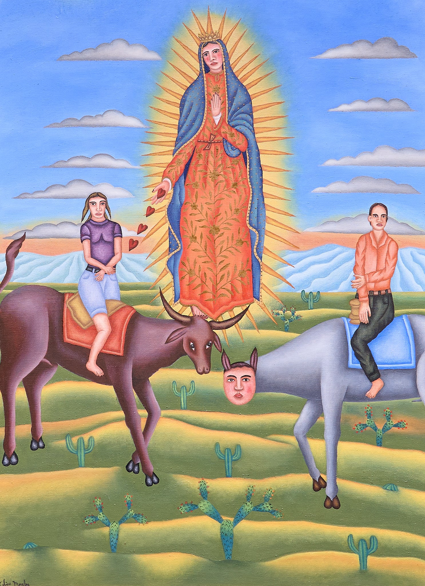 Felipe Morales Lopez, "La Virgen y Nahual": Felipe Morales Lopez (Oaxaca, Mexico, b. 1959), "La Virgen y Nahual (Guadalupe)", oil on canvas, signed lower left, signed and titled on the verso, dated 2011 sight: 43 x 31 in., frame: 48 x