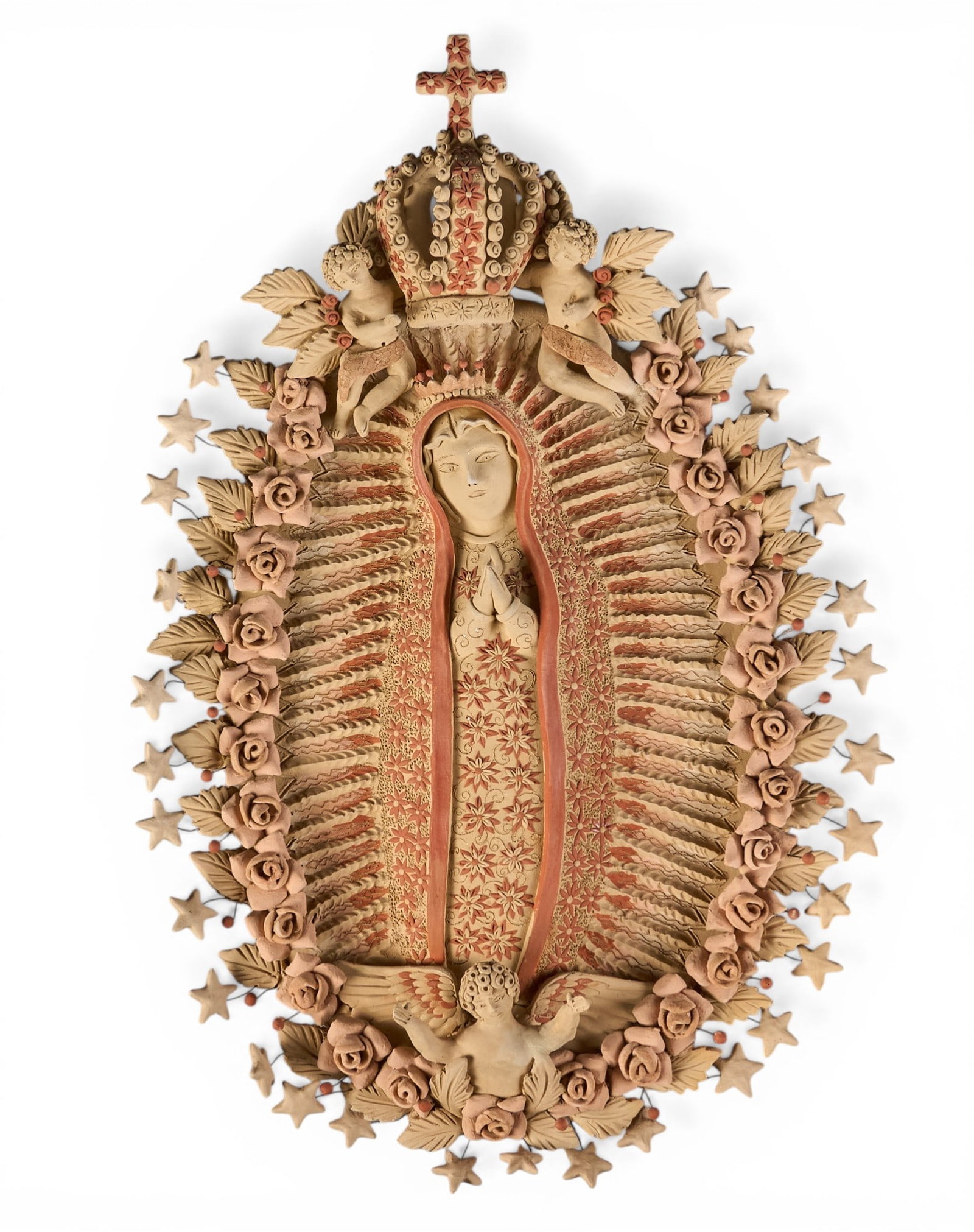 Enedina Vasquez Cruz, Virgen De Guadelupe: Enedina Vasquez Cruz (b. 20th century, Santa Maria Atzompa, Oaxaca, Mexico) hand-made ceramic wall scupture depicting La Virgen de Guadalupe, wired for hanging, circa late 20th century 