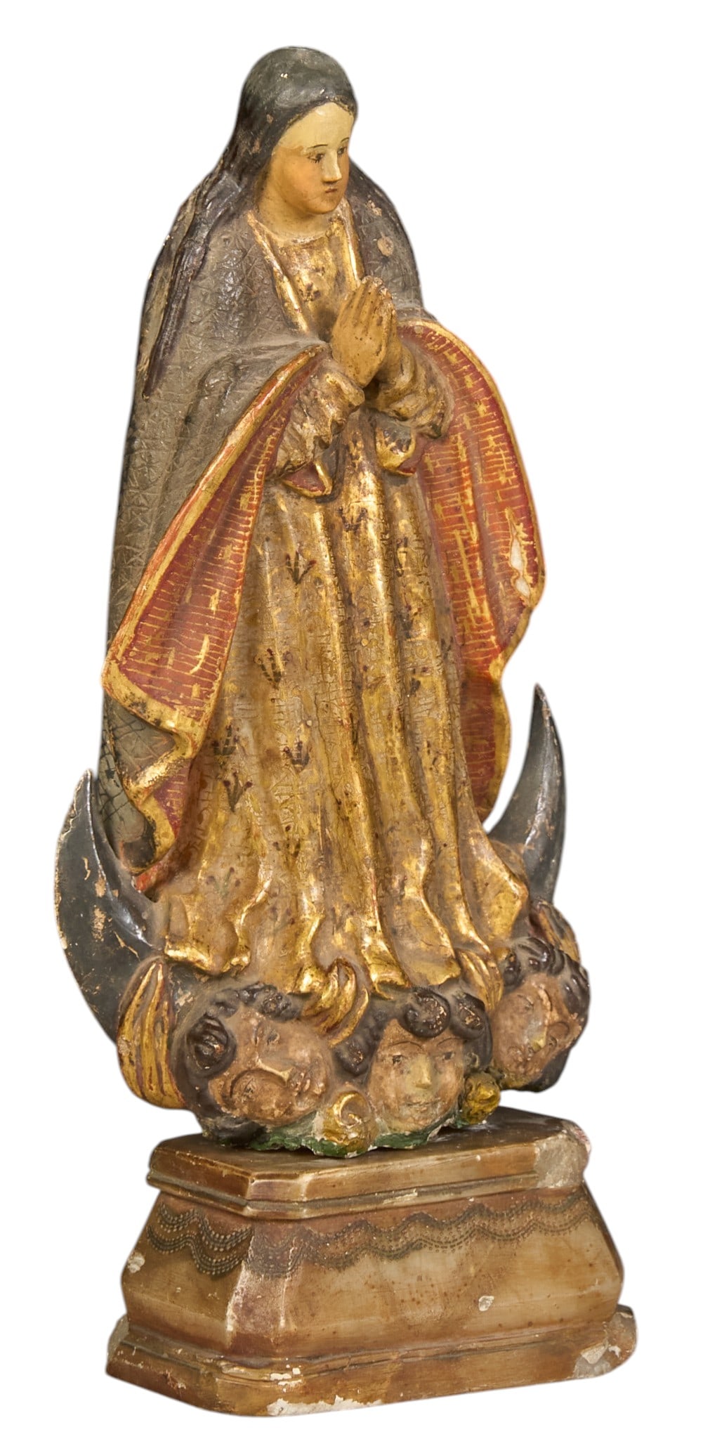 Antique Spanish Colonial Style Virgin of the Immaculate Conception: Antique hand-carved and painted Spanish Colonial style santo depicting the Virgin of the Immaculate Conception above crescent moon, supported on stone base, circa 19th century height 12 in. x wi
