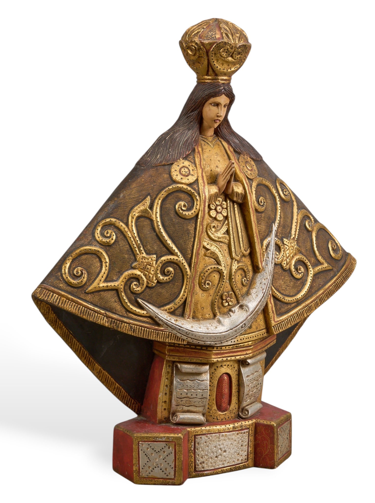 Virgin of Guadalupe Sculpture: Polychrome wooden sculpture depicting the Virgin of Guadalupe, with gilt accents and a crescent moon at her feet, mounted on a tiered base height 23.5 in. x width 19 in. x depth 4.75 in. Pro