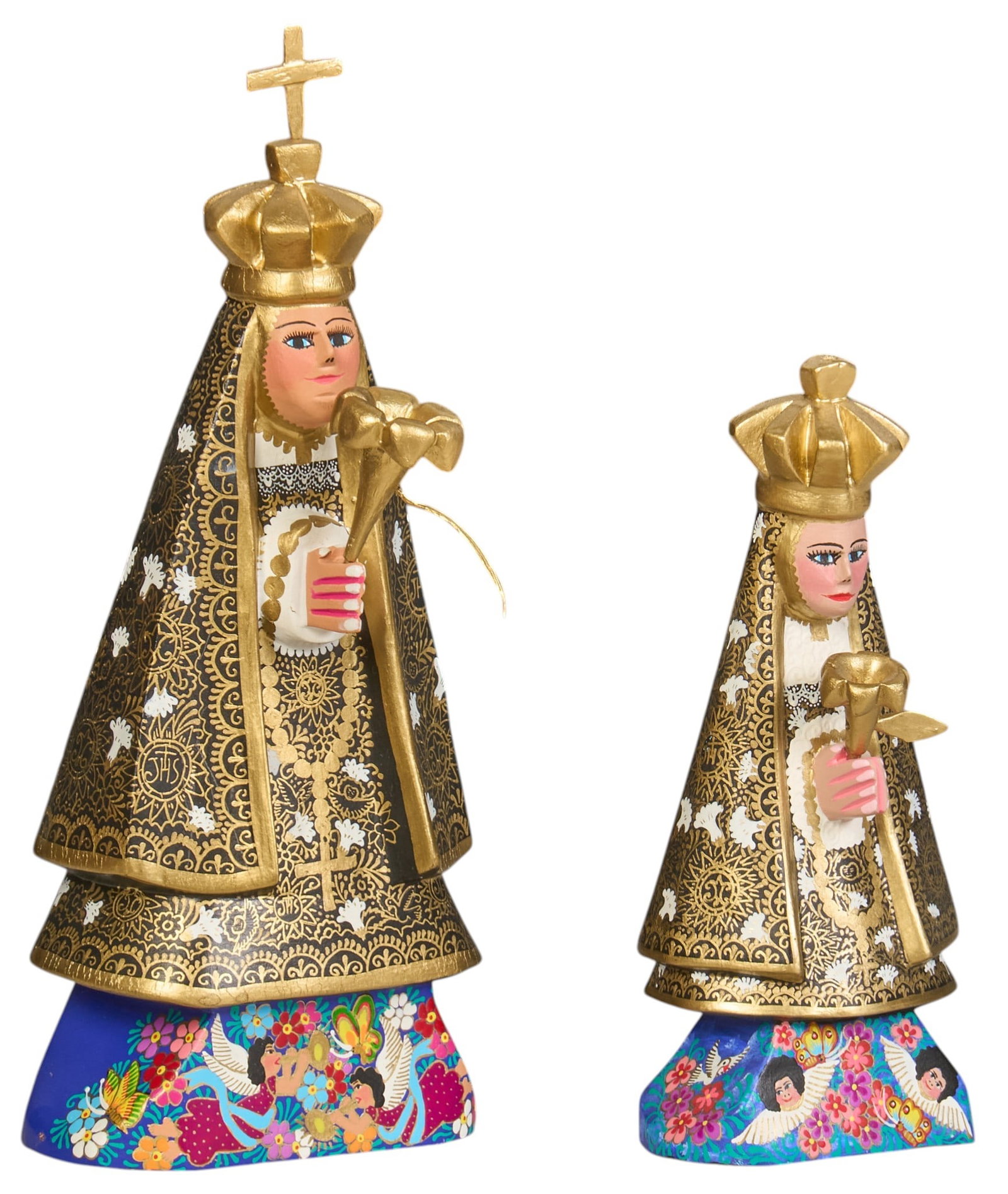 Maria Jimenez Ojeda, (2) Virgen de Soledad: Pair of Maria Jimenez Ojeda (San Martín Tilcajete, Oaxaca, 20th century) hand-carved and painted Virgen de Soledad figures, signed on base height 11 in. x width 5 in. x depth 5 in. / large