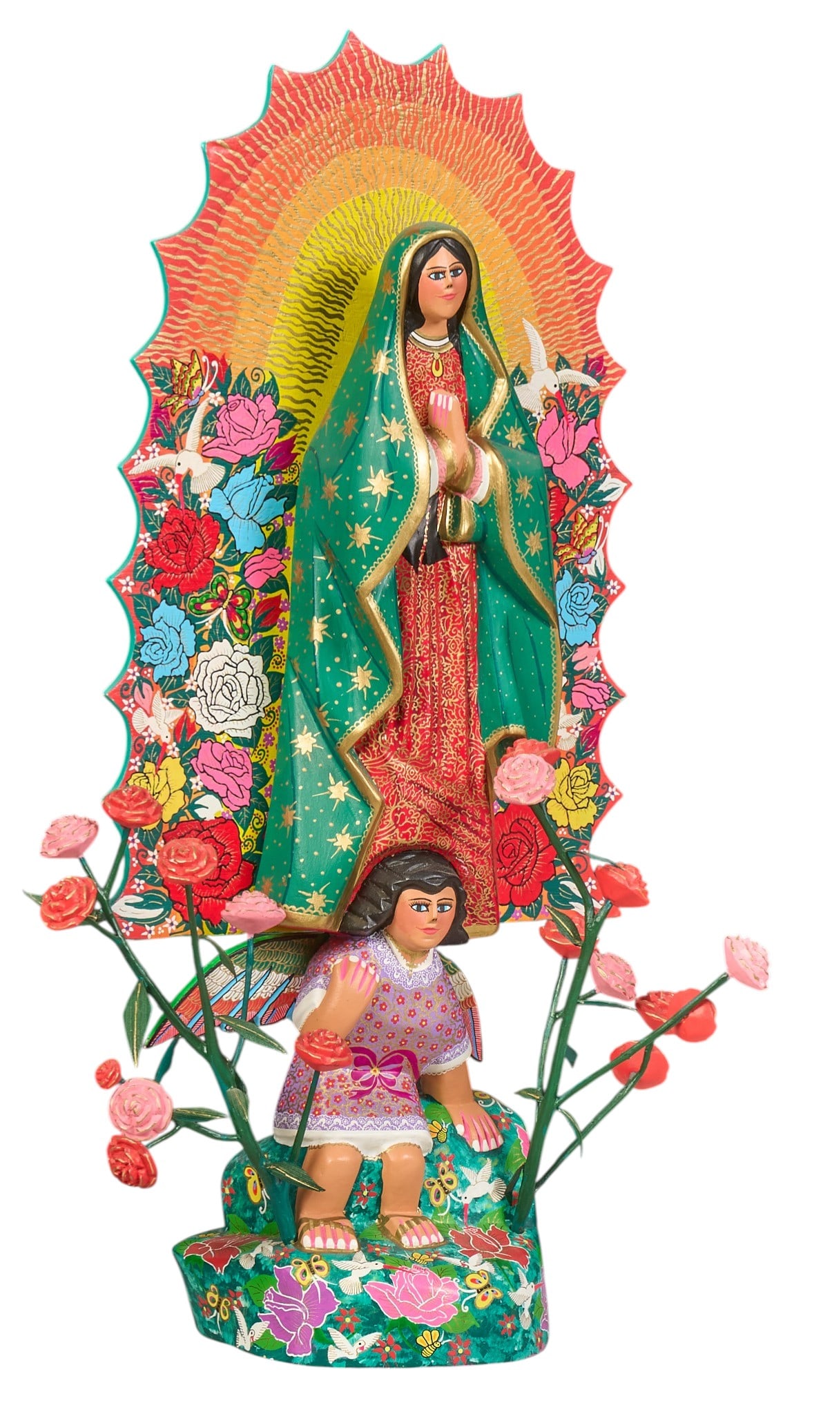 Maria Jimenez Ojeda, Virgen de Guadalupe: Maria Jimenez Ojeda (San Martín Tilcajete, Oaxaca, 20th century) hand-carved and painted wooden sculpture depicting la Virgen da Guadalupe above angelic figure, and rose details, circa 21st cen