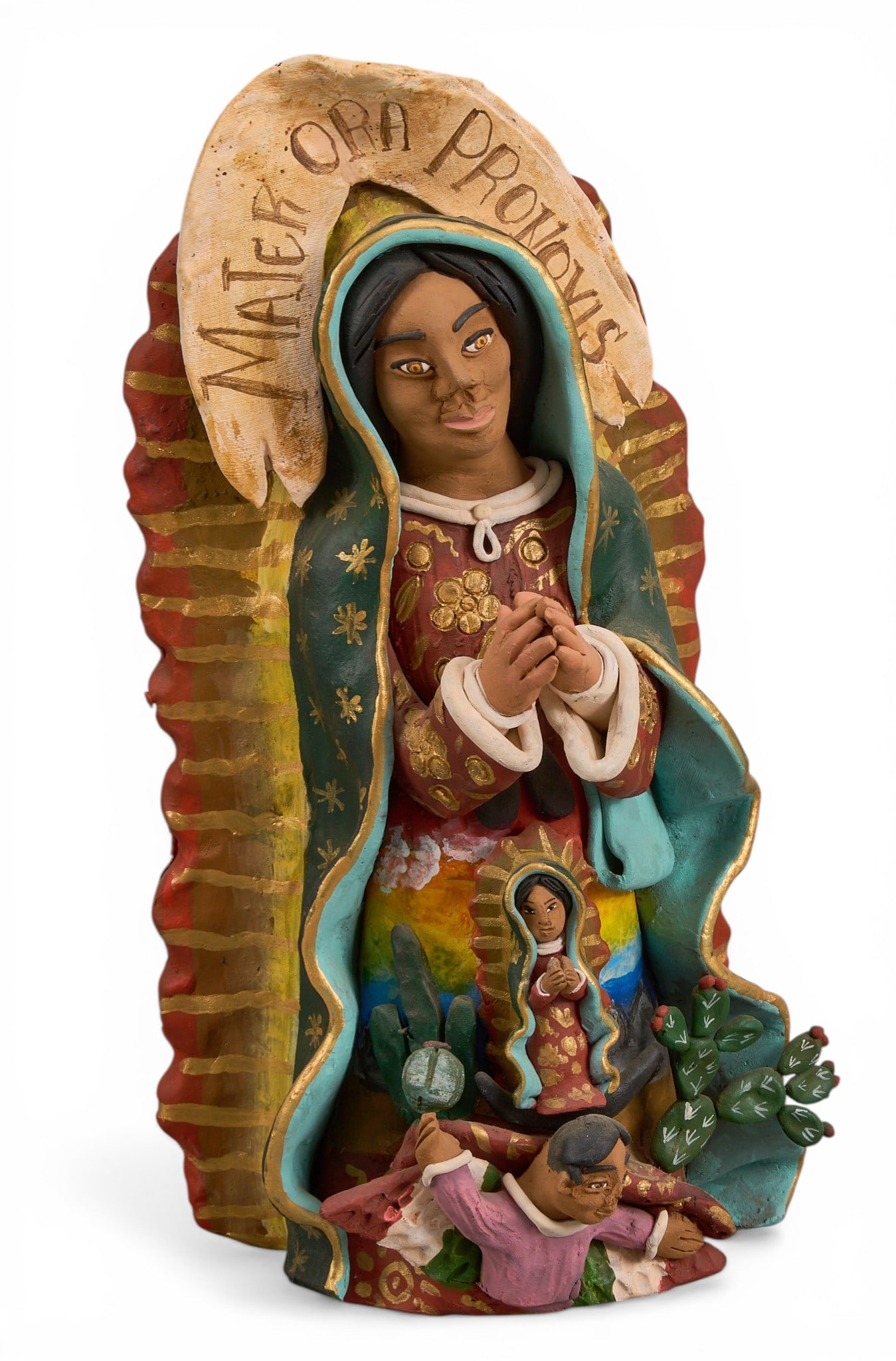 Josefina Aguilar, La Virgen De Guadelupe: Josefina Aguilar (Ocotlan de Morelos, Oaxaca, b. 1945), hand-modeled and painted ceramic sculpture depicting la Virgen De Guadelupe, crowned by banner that reads "Mater Ora Pron Ovis" (Mothe