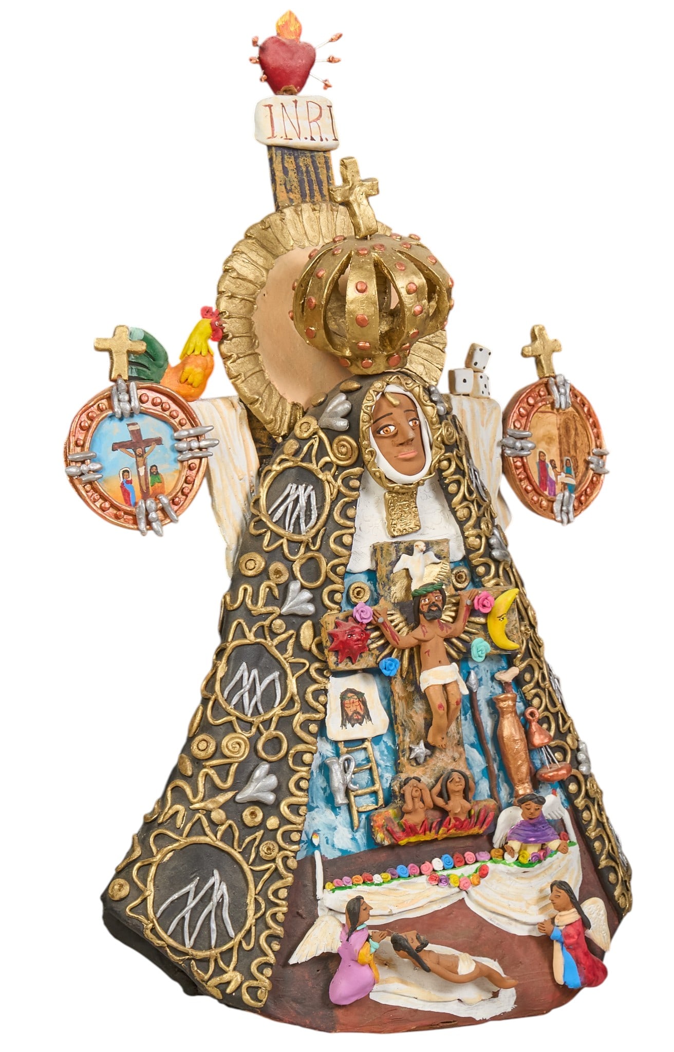 Josefina Aguilar, Virgen de la Candelaria: Josefina Aguilar (Ocotlan de Morelos, Oaxaca, b. 1945) hand-made and painted ceramic sculpture depicting la Virgen de la Candelaria (Our Lady of Candelaria), with numerous details depicting the Statio