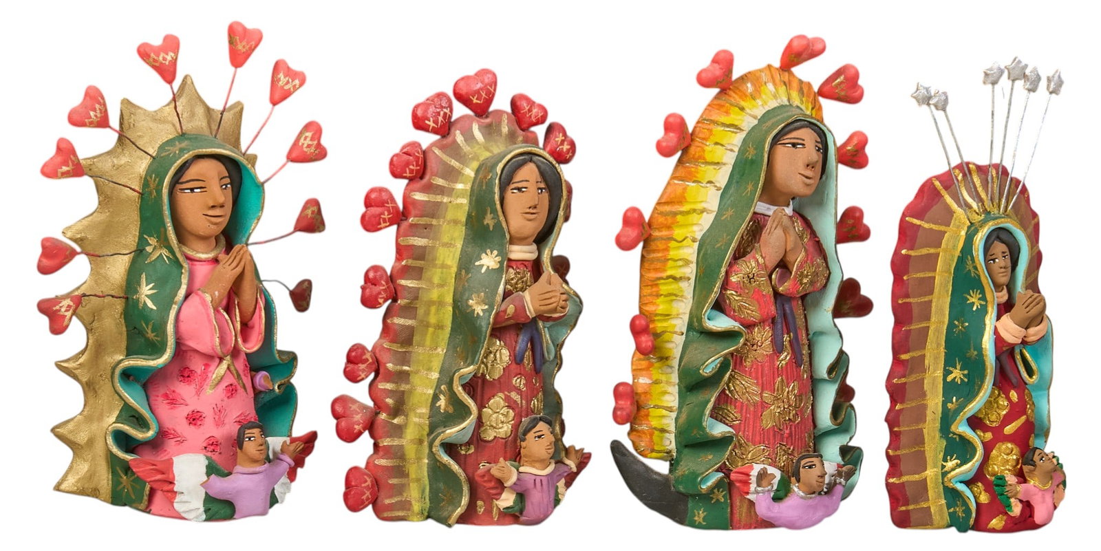 Josefina Aguilar, (4) Virgen de Guadalupe: Collection of four Josefina Aguilar (b. 1945, Oaxaca, Mexico) hand-modeled and painted ceramic Virgen de Guadalupe figures height 7 in. x width 5 in. x depth 3 in. / largest Provenance: The Esta