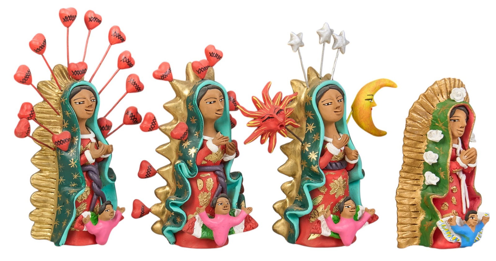 Josefina Aguilar, (4) Virgen de Guadalupe: Collection of four Josefina Aguilar (b. 1945, Oaxaca, Mexico) hand-modeled and painted ceramic Virgen de Guadalupe figures height 8 in. x width 7 in. x depth 3 in. / largest Provenance: The Esta