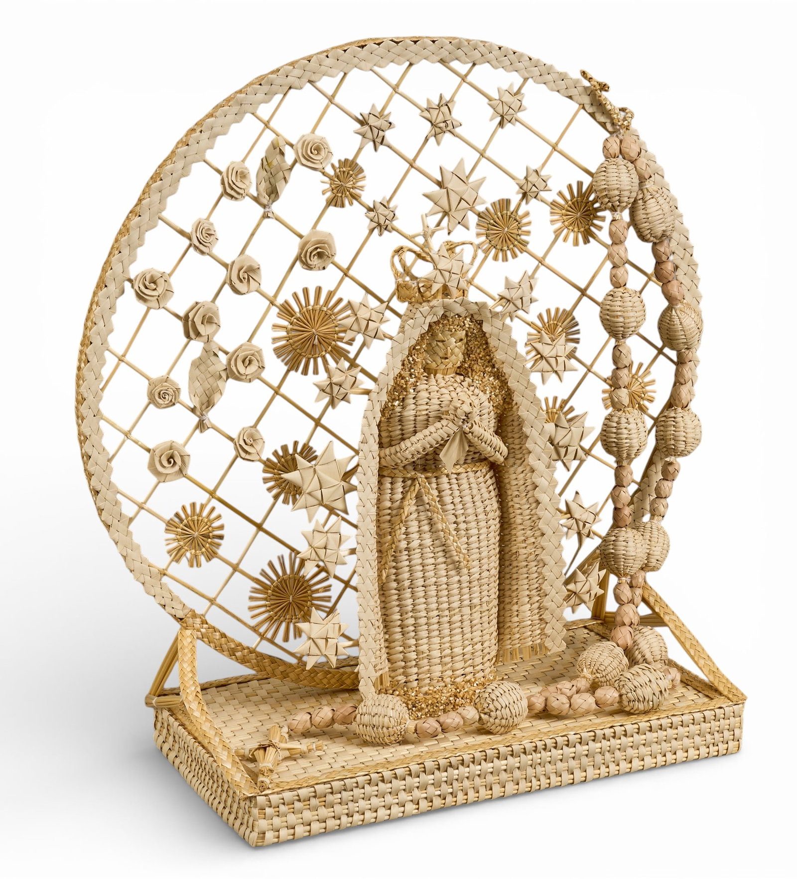 Popotillo Virgin Mary Sculpture with Rosary: Hand-made popotillo straw marquetry sculpture of the Virgin Mary, depicted with rosary height 19 in. x width 18 in. x depth 8.5 in. Provenance: Property from a home in Leon, Guanajuato, Mex