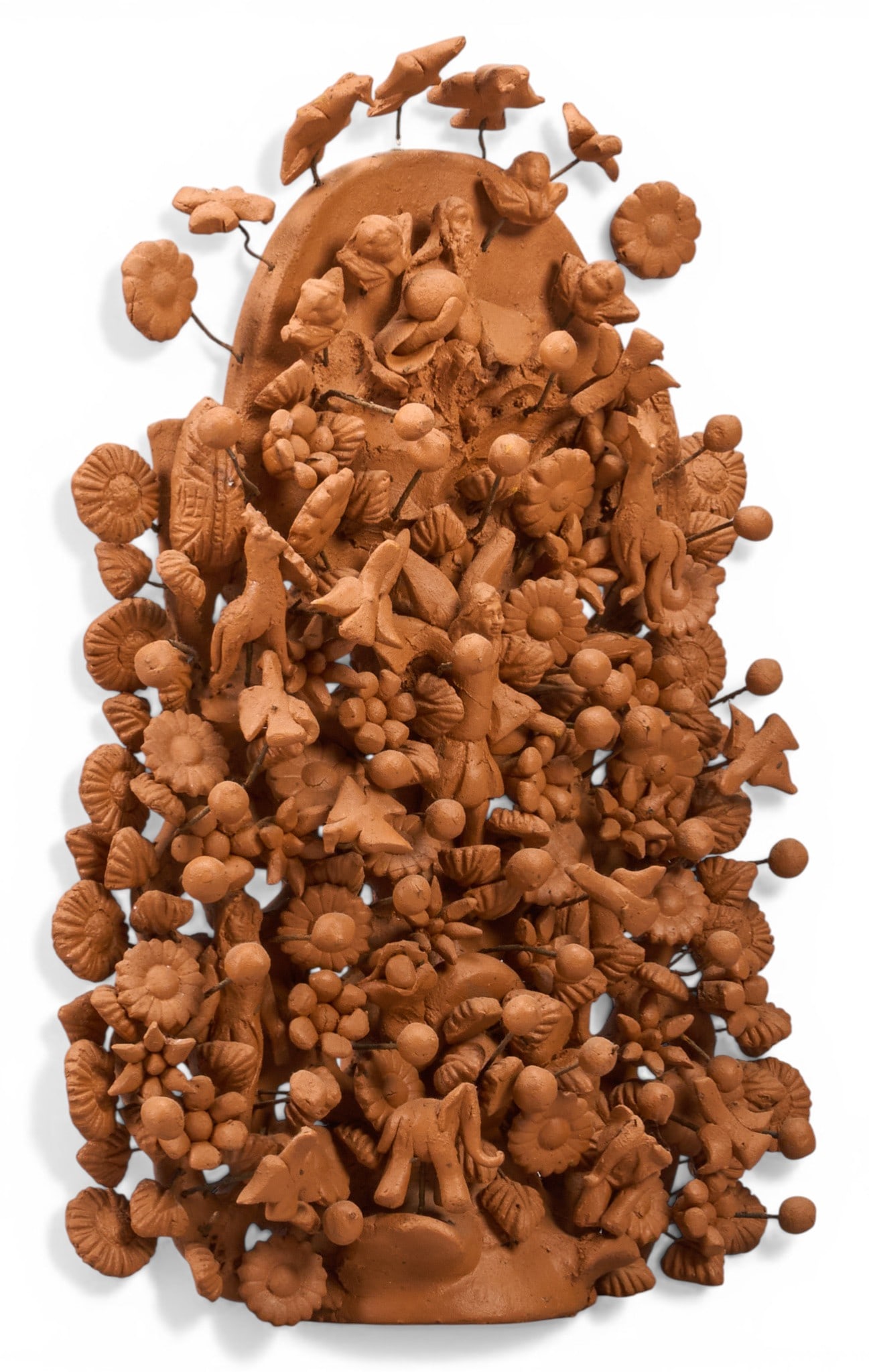 Metepec Tree of Life: Metepec earthenware tree of life with numerous hand-modeled floral and avian motifs height 10.5 in. x wdith 7 in. x depth 3 in. Provenance: The Estate collection of late teacher and humanitarian