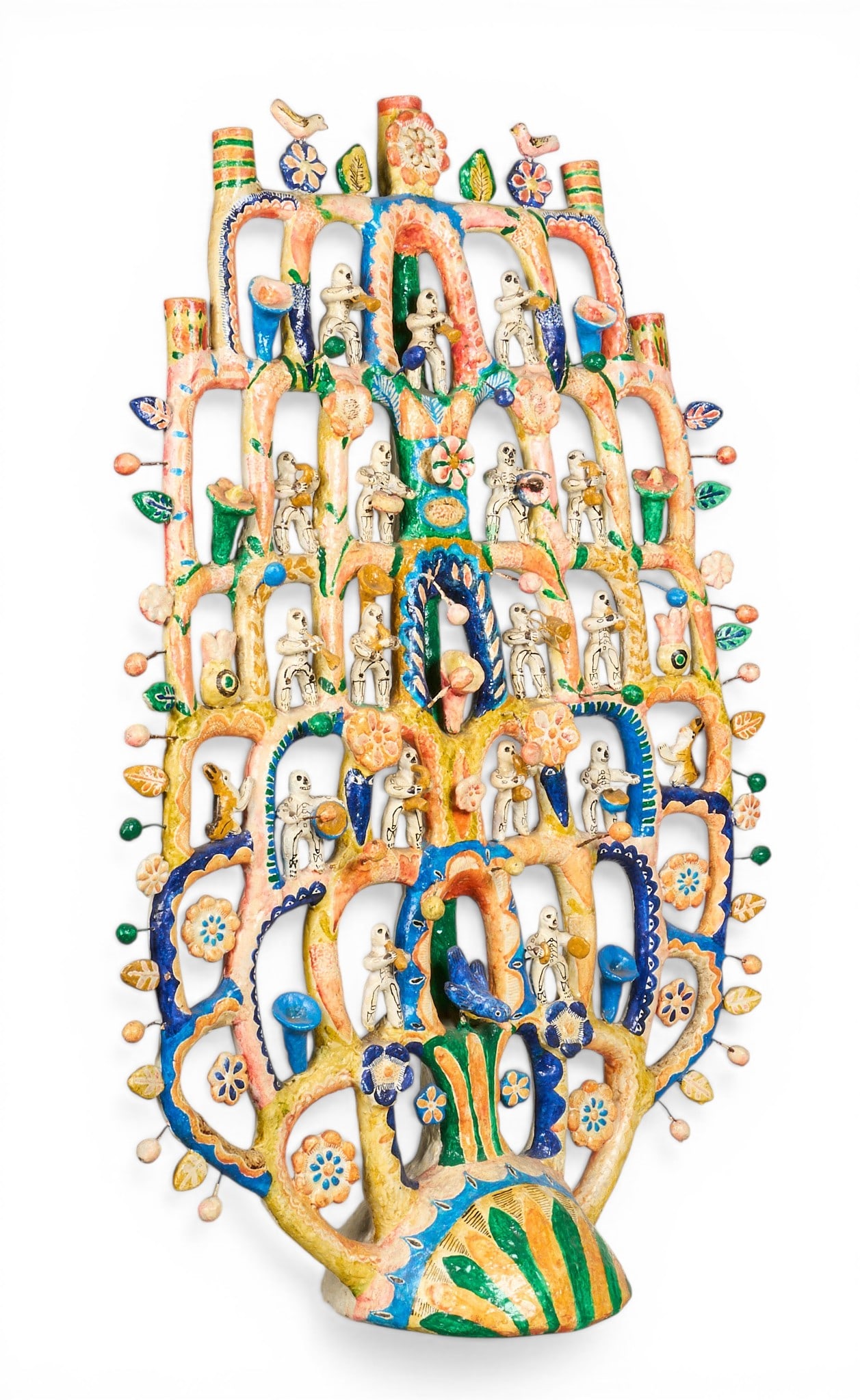 Mexican Tree of Death: Vintage hand-made and painted Mexican ceramic tree of death, circa late 20th century height 39 in. x width 25 in. x depth 10 in. Provenance: The Estate collection of late teacher and human