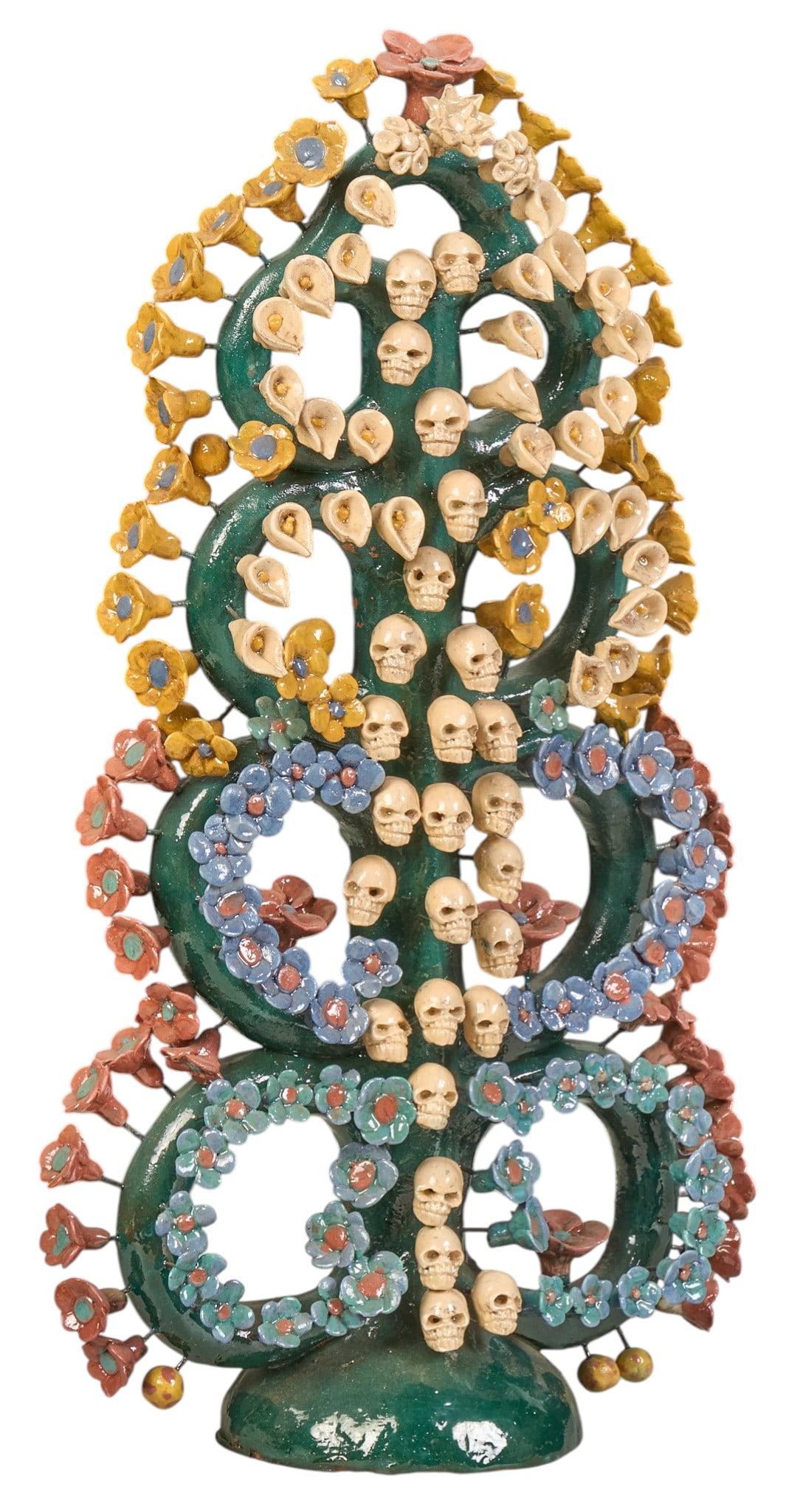Mexican Tree of Death: Mexican (Metepec) Dia de los Muertos (Day of the Dead) Tree of Death ceramic sculpture, hand-modeled and glazed, circa 20th century, signed "MEX" height 21 in. x width 11 in. x depth 5 in.&n