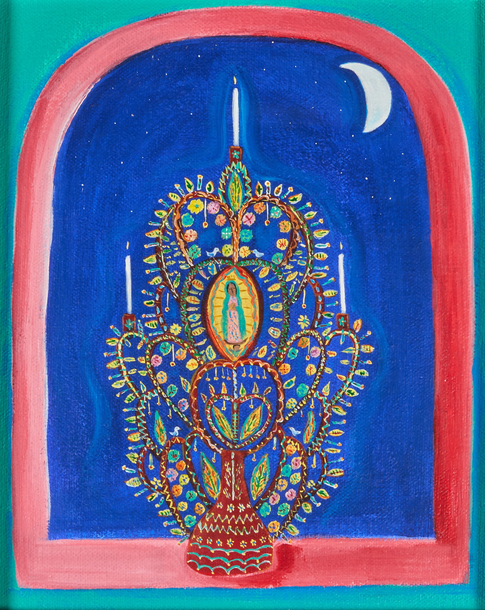 Arbol de la Vida Painting: Signed Romy, folk painting, "Arbol de la Vida", oil on canvas, signed and titled on the verso frame: 13 x 11 in. Provenance: The Estate collection of late teacher and humanitarian Douglas Rh