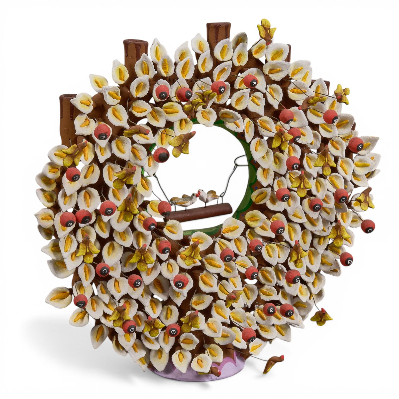 Vintage Mexican Calla Lily Tree of Life: Vintage hand-made and painted ceramic Mexican tree of life with numerous modeled calla lillies and love bird motifs, circa 20th century height 15 in. x width 15 in. x depth 5 in. Provenance: The