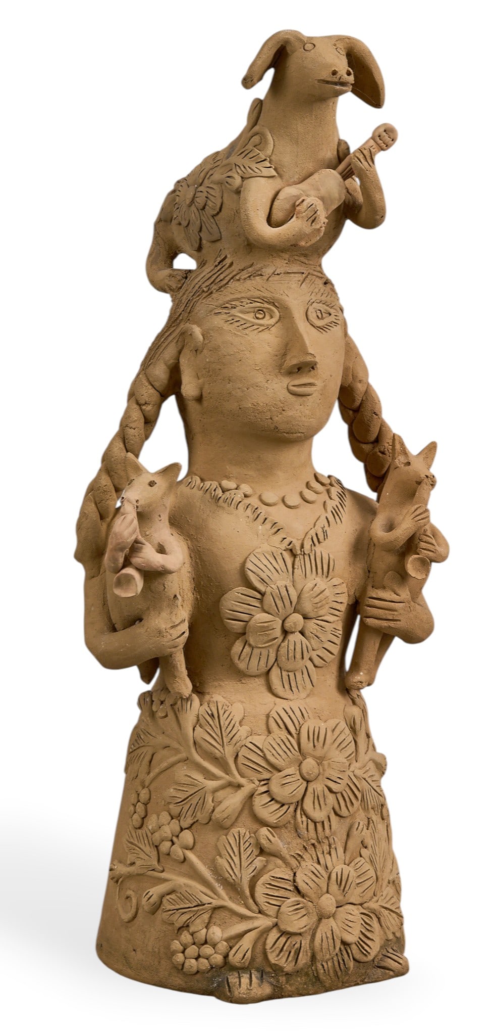 Teodora Blanco Nunez, Unglazed Figure: Teodora Blanco (Santa Maria, Atzompa, Oaxaca, 1928-1980) unglazed ceramic folk art figure, depicted holding animals, signed "T.B.", circa 20th century height 22 in. x width 9 in. x depth 7.5