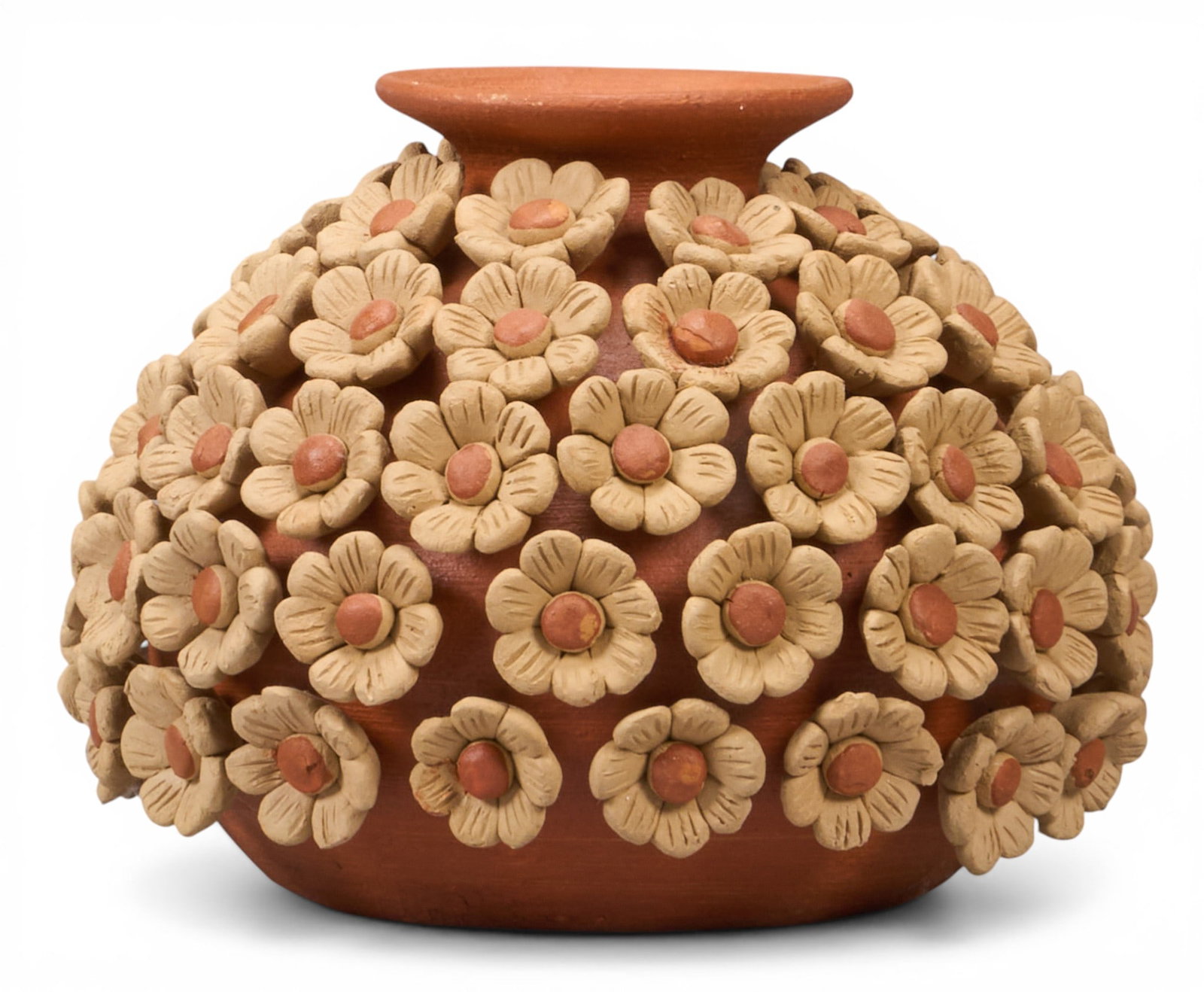 Luana Blanco, Oaxacan Flower Vase: Vintage Luana Blanco (Oaxaca, Mexico, b. 20th century) hand-made, unpainted vase with floral motifs, signed on bottom, circa 20th century height 5 in. x diameter 6.5 in. Provenance: The Es