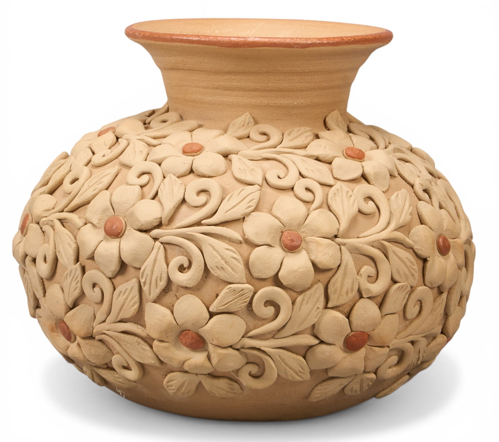 Oaxacan Vase: Hand-thrown Oaxacan case with applied floral motifs height 6 in. x diameter 7 in. Provenance: The Estate collection of late teacher and humanitarian Douglas Rhodenbaugh, from his historic downto