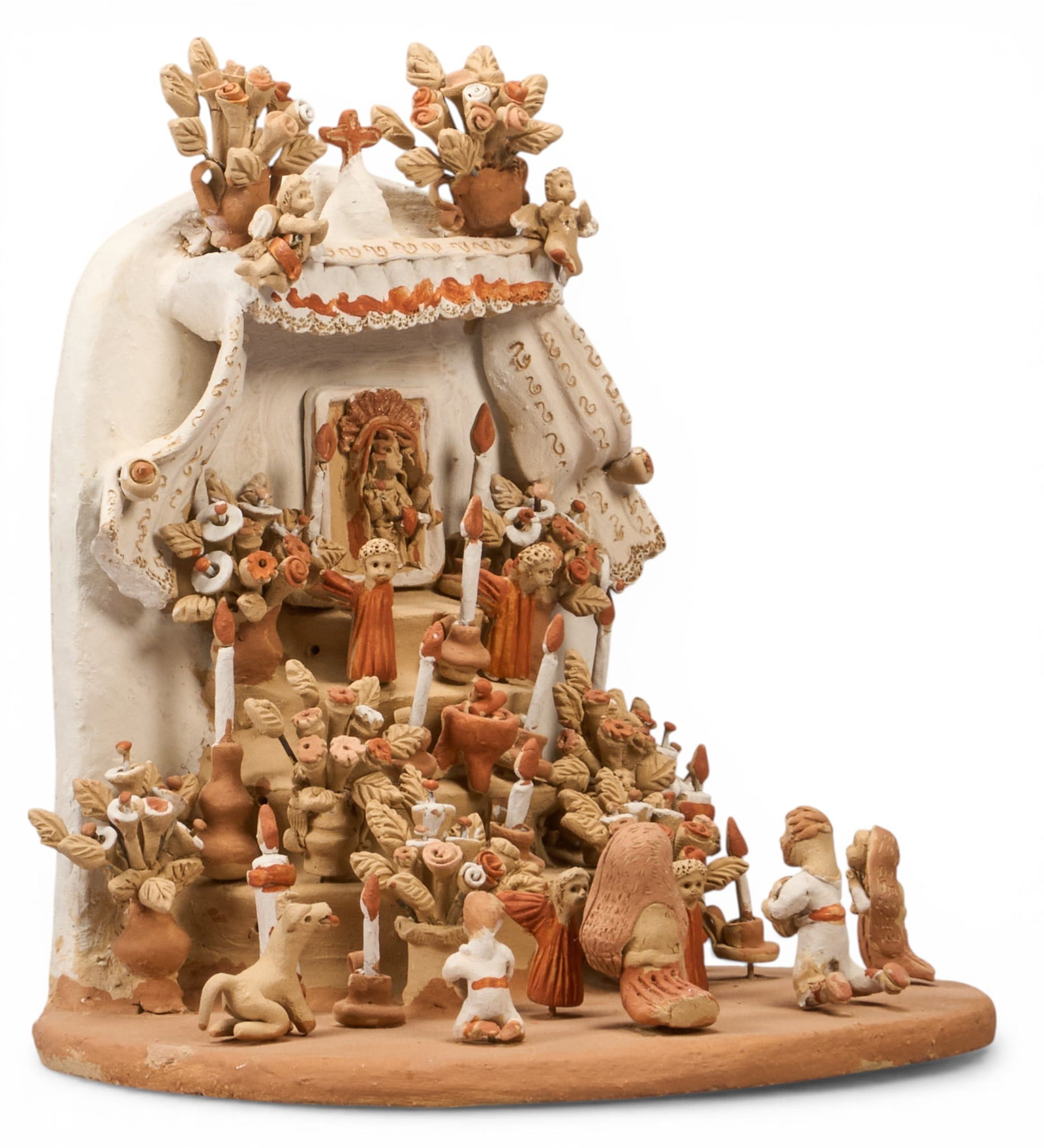 Vilma Vasquez, Offrenda Tableau: Vilma Sandra Velasco Vasquez (Mexico, 20th century) hand-modeled ceramic Dia de los Muertos offrenda (Day of the Day offering altar) tableau, signed on back height 5.5 in. x width 5.5 in. x depth 4 in