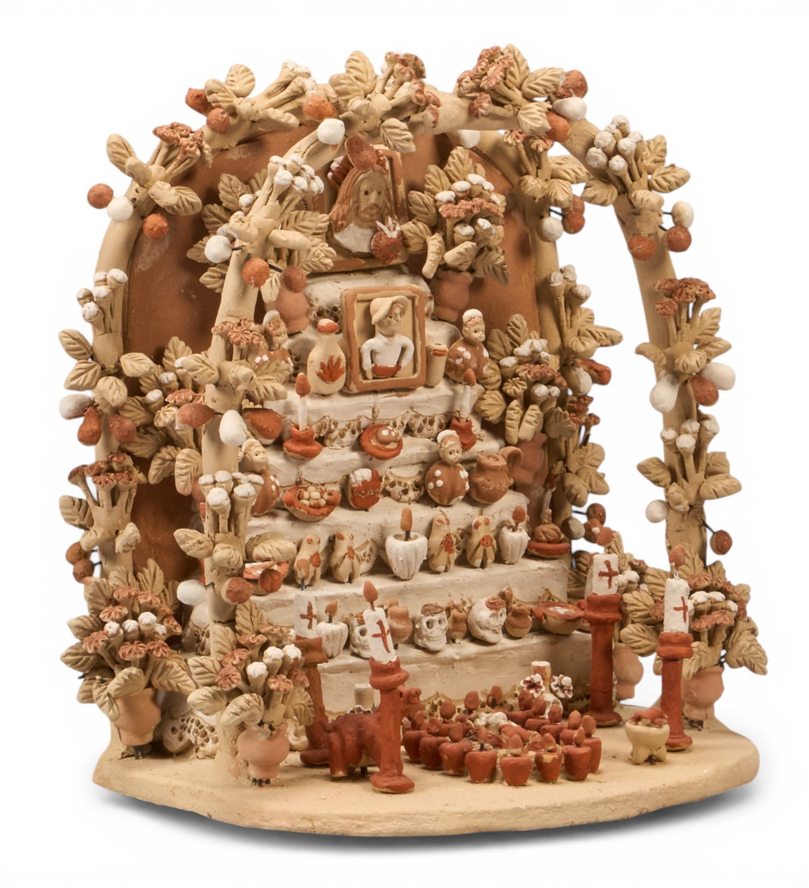 Vilma Vasquez, Offrenda Tableau: Vilma Sandra Velasco Vasquez (Mexico, 20th century) hand-modeled ceramic Dia de los Muertos offrenda (Day of the Day offering altar) tableau, signed on back height 6 in. x width 6 in. x depth 4.5 in.&