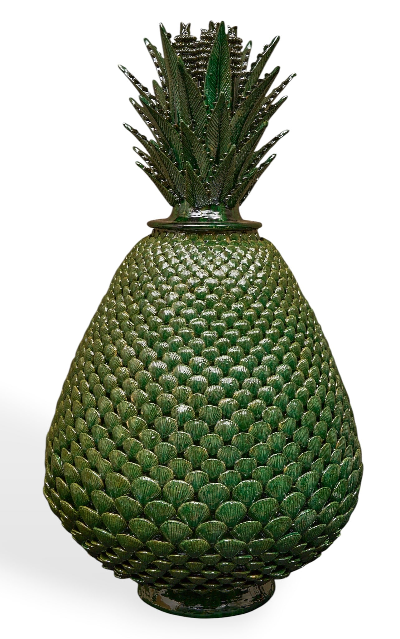 Pina de Conchitas: Michoacan pina de conchitas (pineapple with shells) hand-sculpted and glazed ceramic vessel with numerous rows of hand-modeled seashell applique, and lid with stemmed blossoms and leaf appli