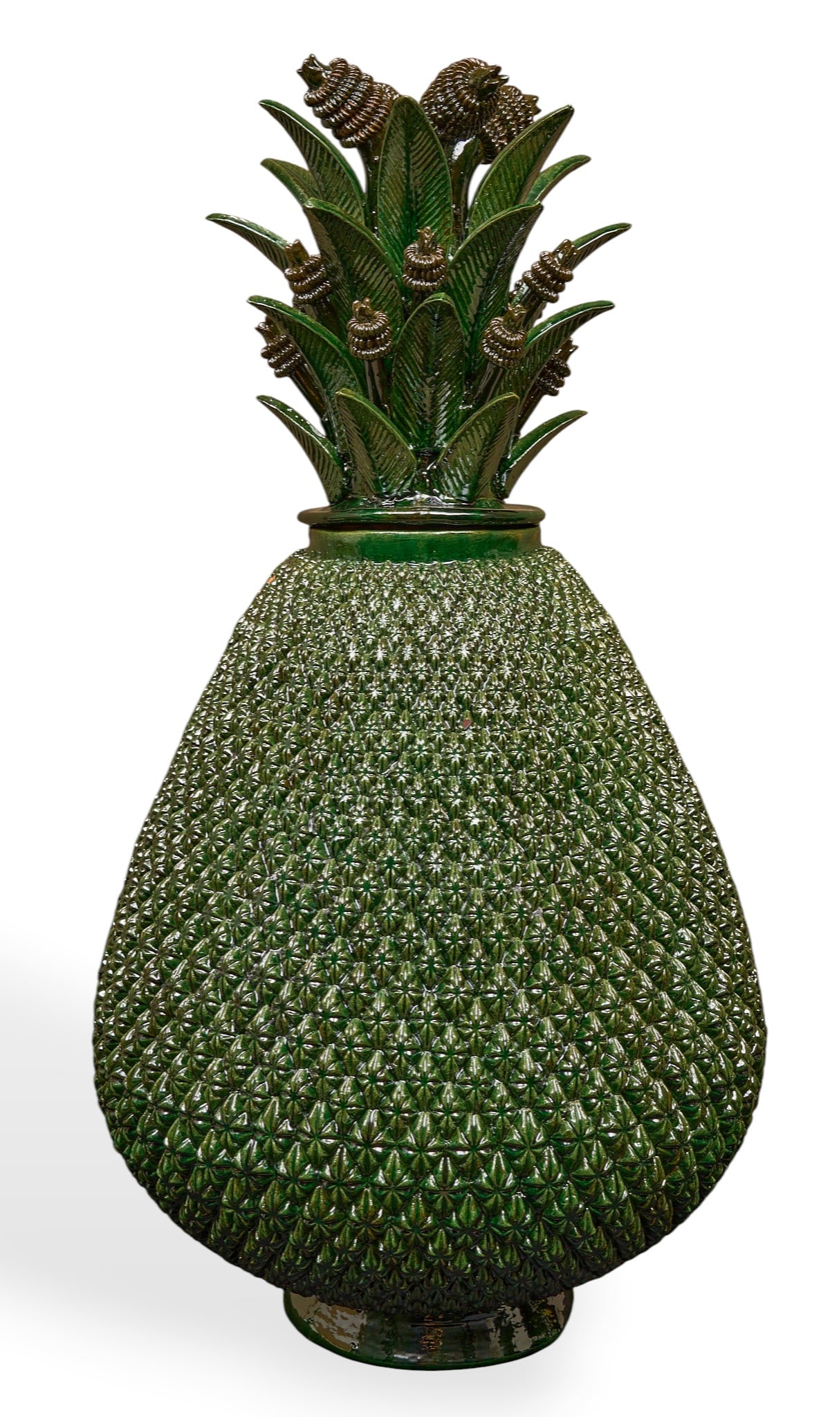 Pina de Cuadritos: Michoacan pina de cuadtritos (pineapple with little squares/scales) hand-sculpted and glazed ceramic vessel with numerous rows of hand-modeled pineapple fruitlets, and lid with stemmed