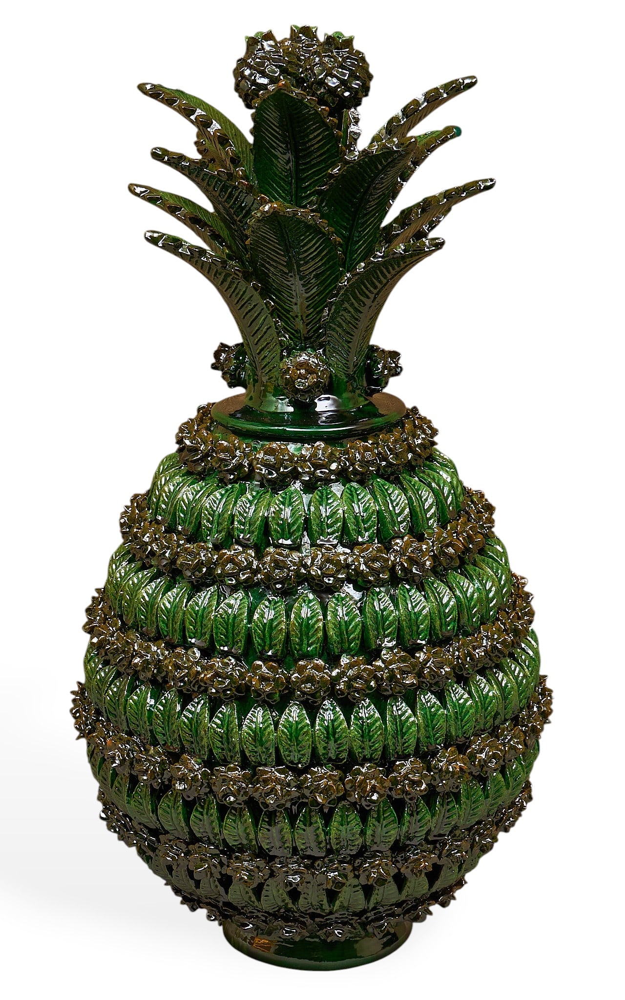 Pina de Rosas y Hojas: Michoacan pina de rosas y hojas (pineapple with rosies and leaves) hand-sculpted and glazed ceramic vessel with numerous rows of hand-modeled rose and leaf applique, and lid with stemmed blo