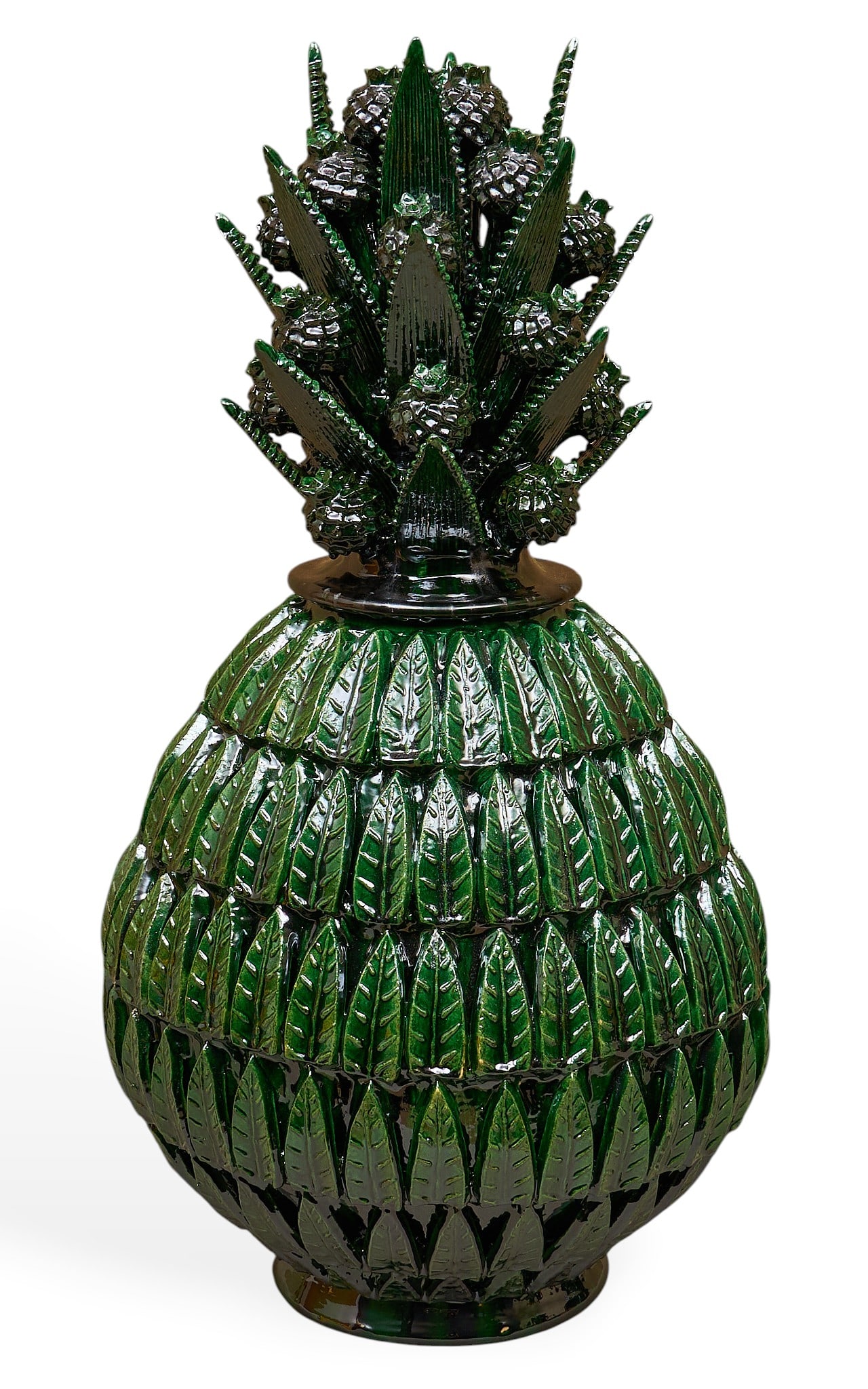 Pina de Hojas: Michoacan pina de hojas (pineapple with leaves) hand-sculpted and glazed ceramic vessel with numerous rows of hand-modeled leaf applique, and lid with stemmed blossoms and leaf app