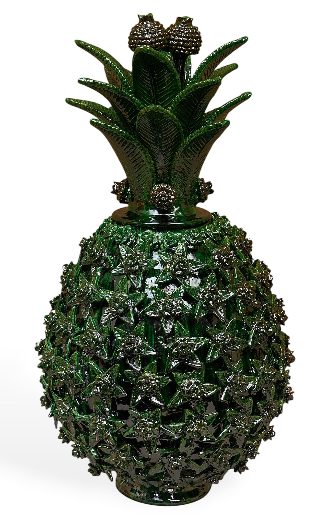 Pina con Estrellas: Michoacan pina con estrellas (pineapple with stars) hand-sculpted and glazed ceramic vessel with numerous rows of hand-modeled star-form leaf applique, and lid with stemmed blossoms and 