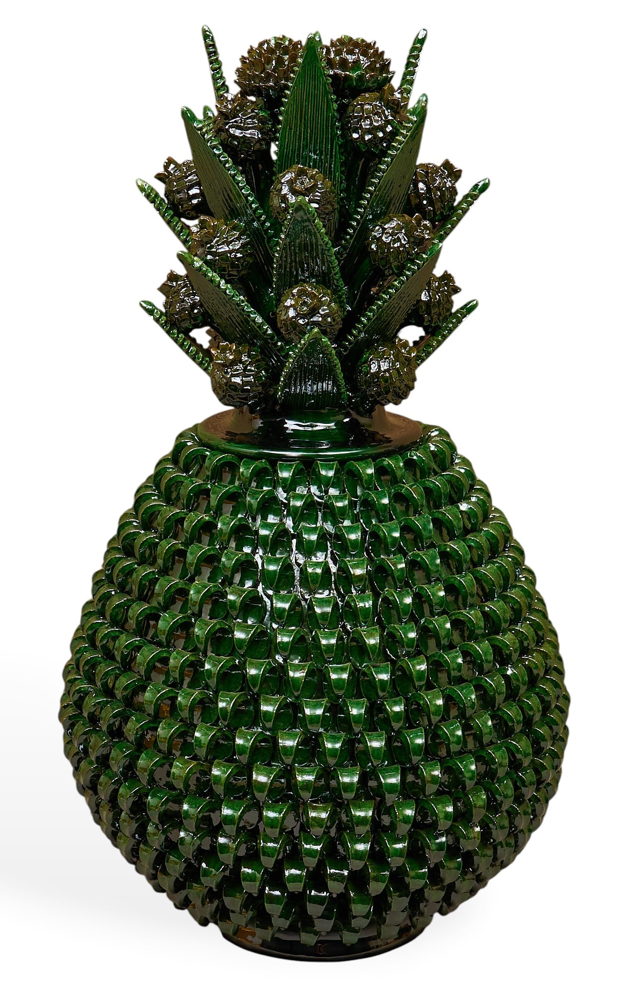 Piña de Hoja Doblada: Michoacan greenware pina de hoja doblada (pineapple with folded leaves) hand-sculpted and glazed ceramic vessel with numerous rows of hand-modeled folded leaf appliqué, and lid with a