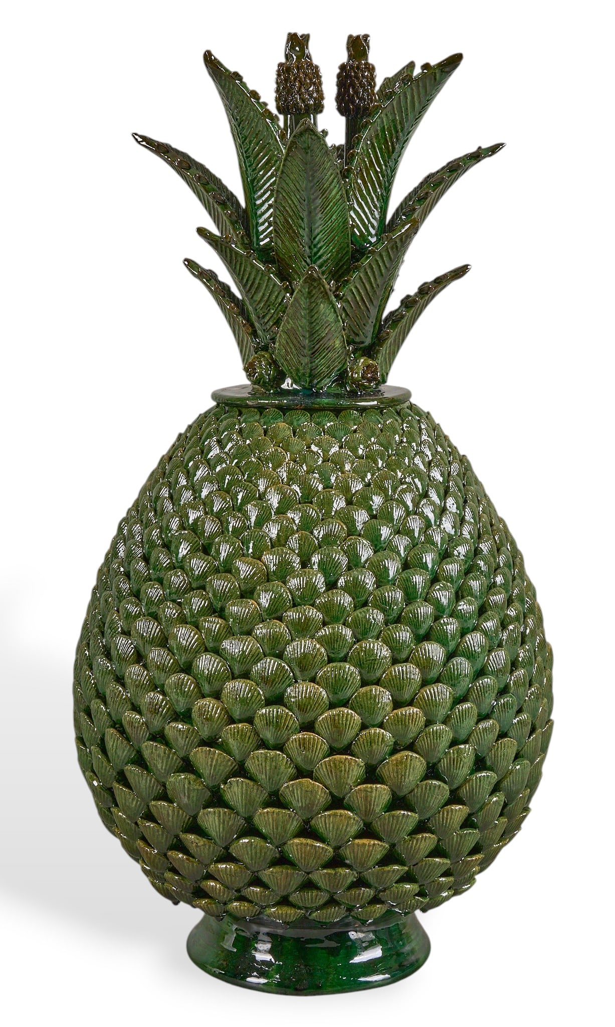 Pina de Conchitas: Michoacan pina de conchitas (pineapple with shells) hand-sculpted and glazed ceramic vessel with numerous rows of hand-modeled seashell applique, and lid with stemmed blossoms and leaf appli