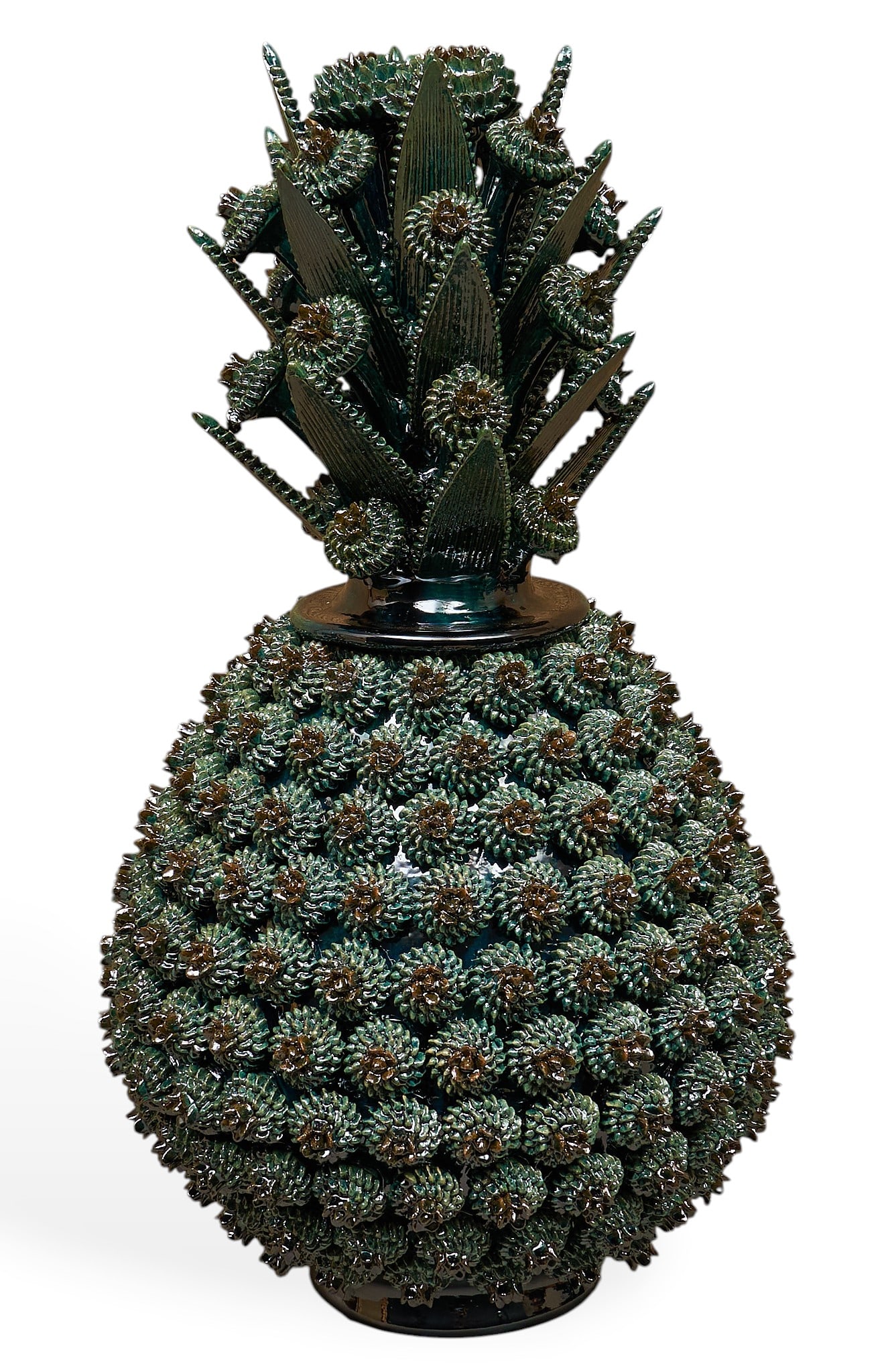 Pina de Rosalitos: Michoacan pina de rosalitos (pineapple with rosettes) hand-sculpted and glazed ceramic vessel with numerous rows of hand-modeled rosette applique, and lid with stemmed blossoms and leaf
