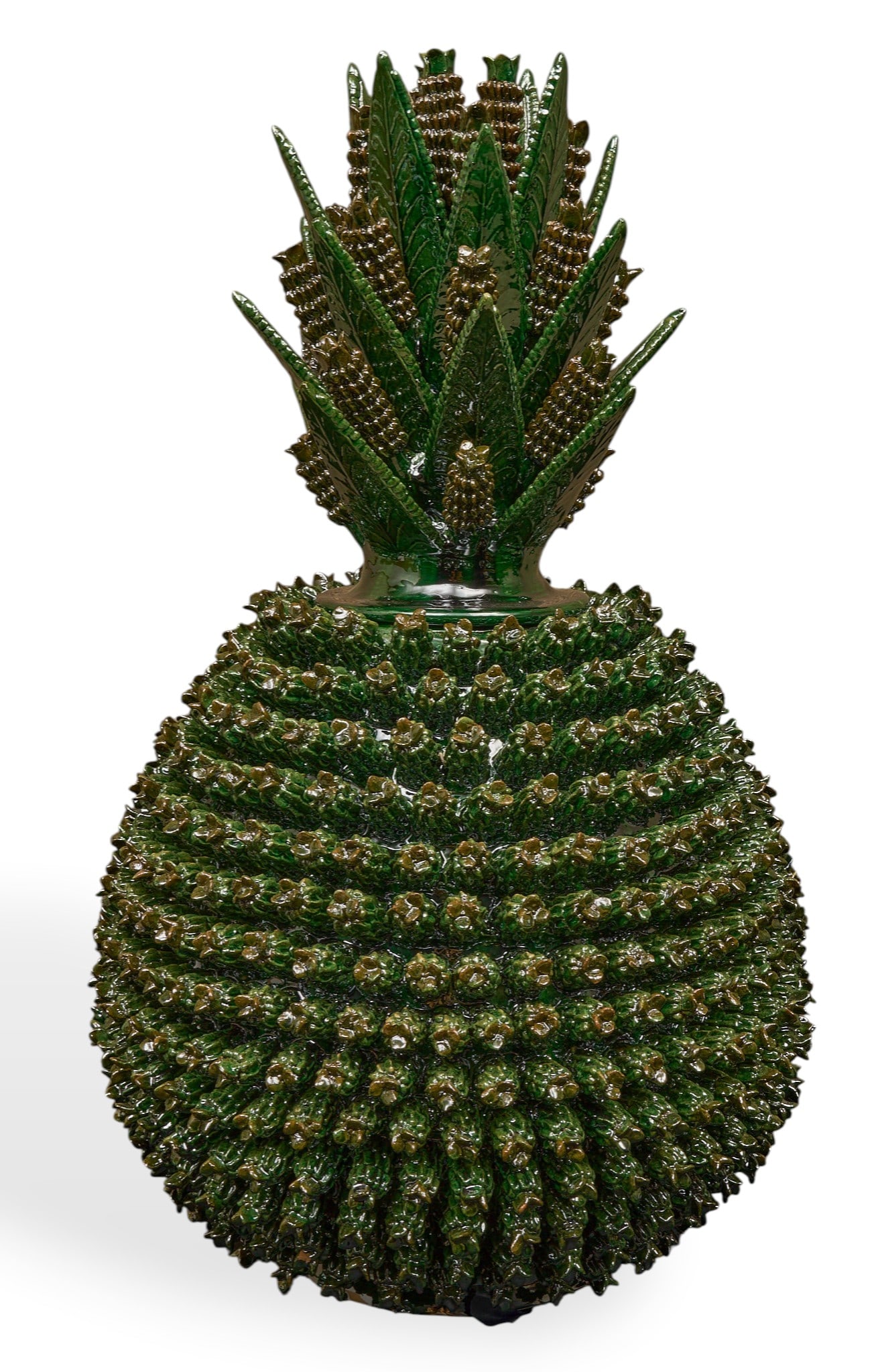 Pina de Elotitos: Michoacan greenware pina de elotitos (pineapple with baby corns), hand-sculpted and glazed ceramic vessel numerous rows of hand-modeled corn applique, and lid with more corn and leaf appliqu