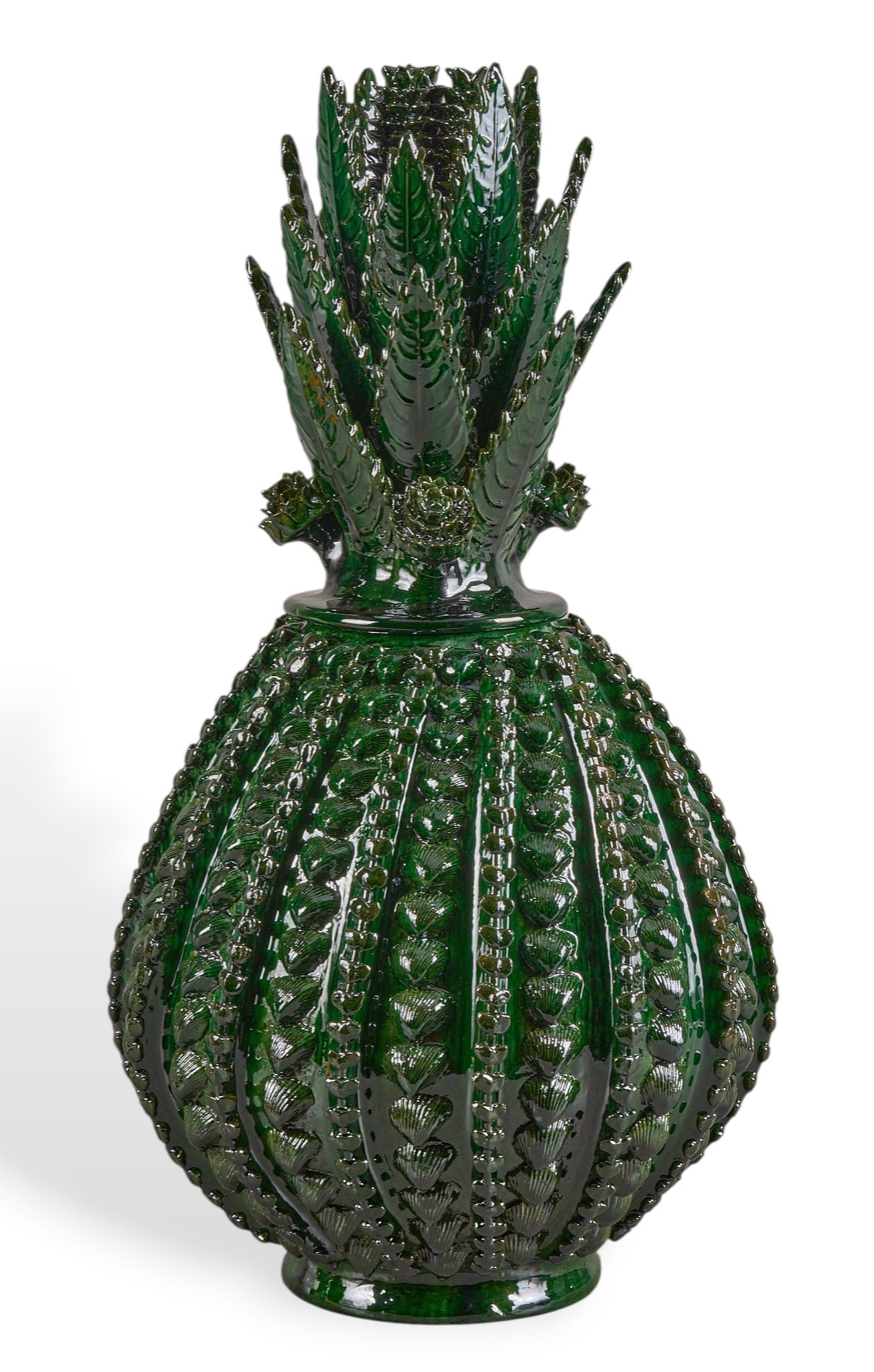 Pina de Conchitas y Maripositas: Michoacan pina de conchitas y maripositas (pineapple with shells and butterflies), hand-sculpted and glazed ceramic vessel with numerous rows of hand-modeled applique, and lid with stemmed b