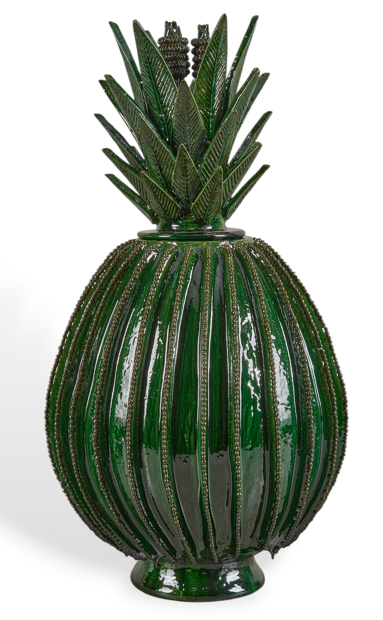 Pina de Biznaga: Michoacan pina de biznaga (barrel cactus) hand-sculpted and glazed ceramic vessel with numerous rows of hand-modeled rosette applique, and lid with stemmed blossoms and leaf applique h