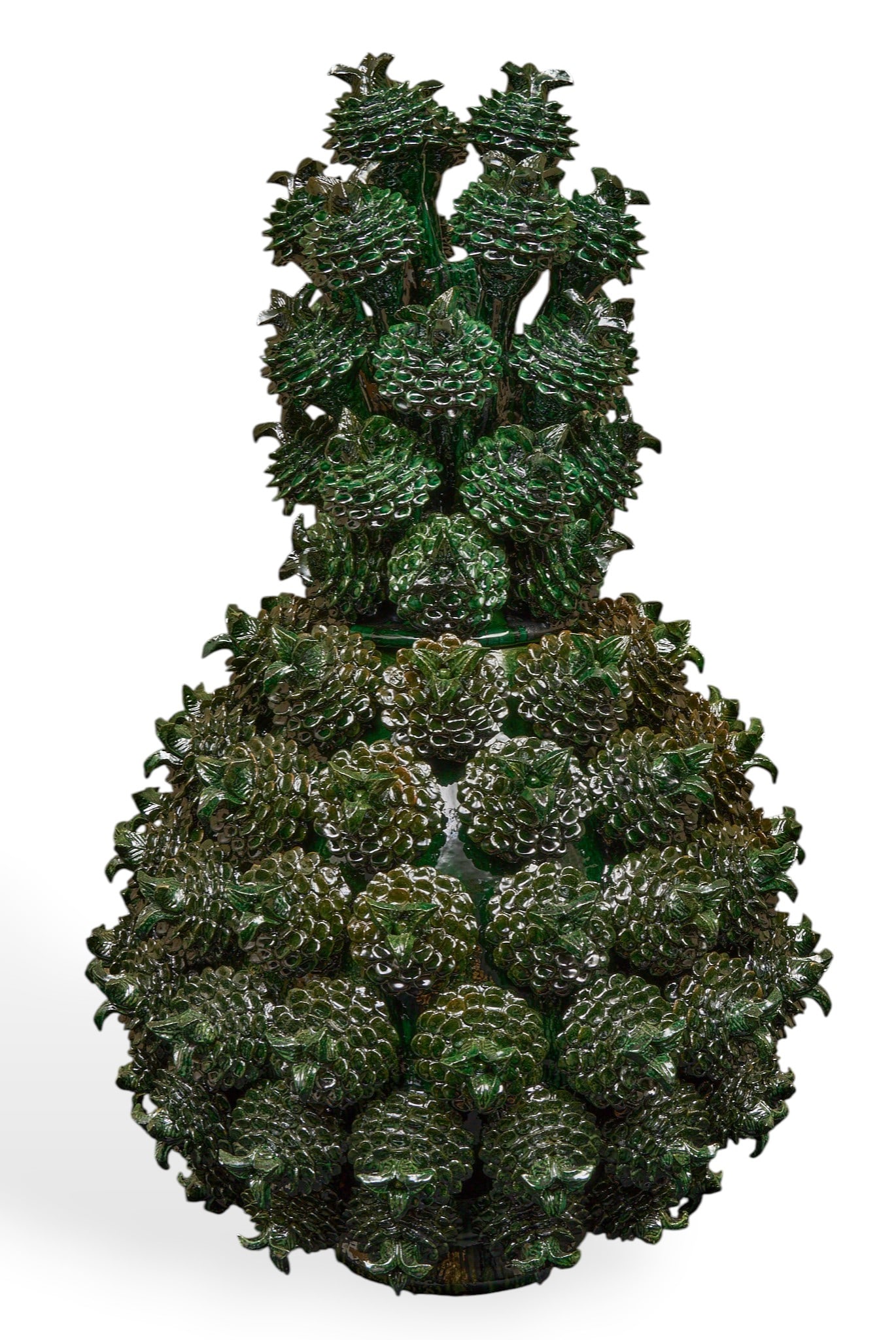 Pina de Floresotas: Michoacan greenware pina de floresotas (pineapple with big flowers), hand-sculpted and glazed ceramic vessel numerous rows of hand-modeled flower applique, and lid with more flower and leaf applique h